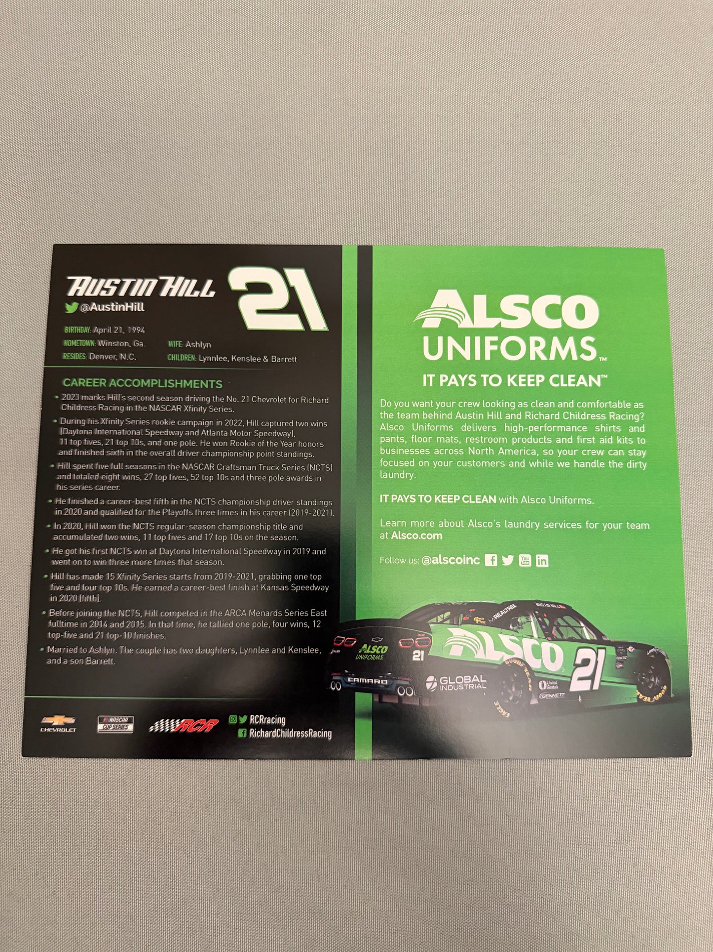 Austin Hill #21 2023 Alsco Uniforms Nascar Hero Card