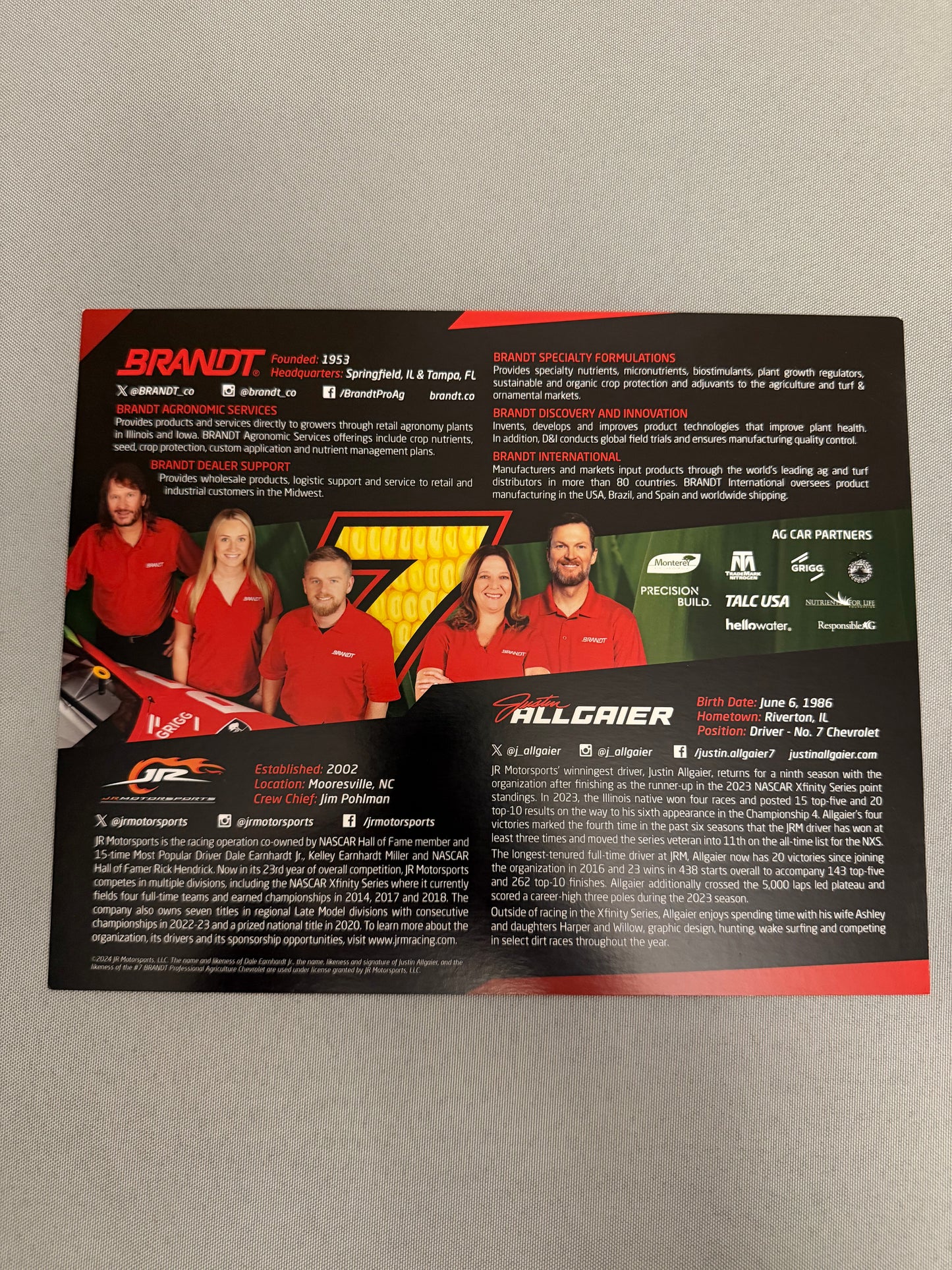 Justin Allgaier #7 2024 Brandt Nascar Hero Card