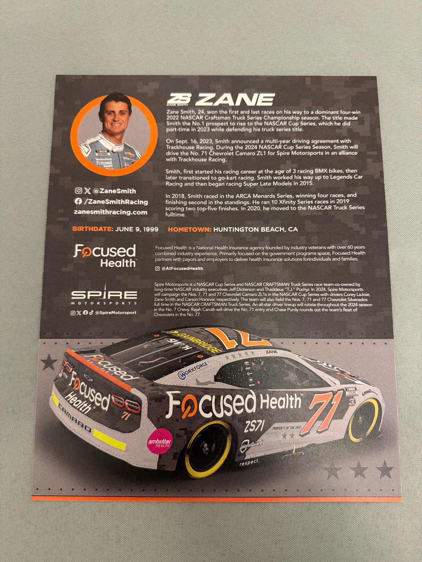 Zane Smith #71 2024 Charlotte Focused Health Autographed Nascar Hero Card