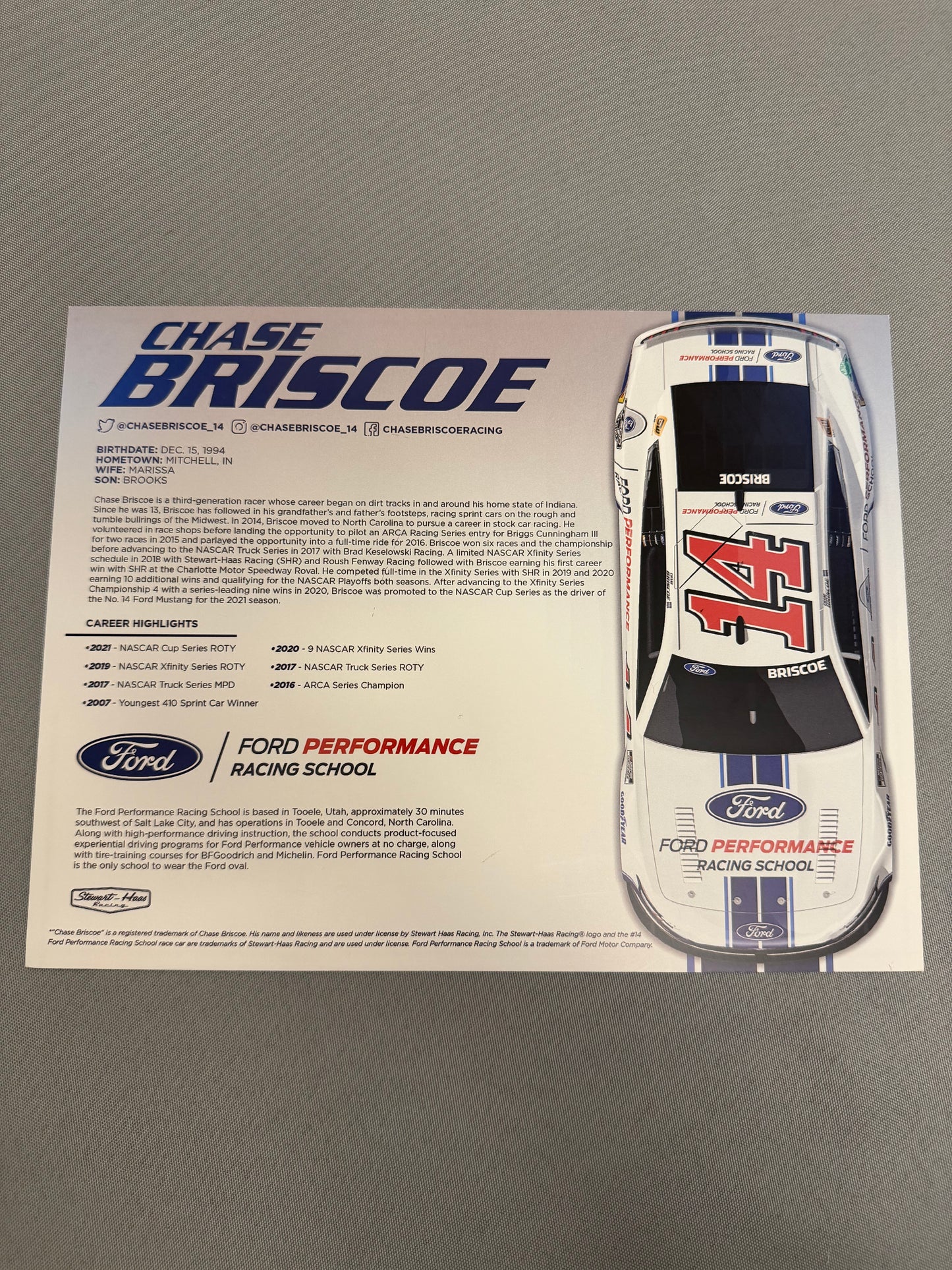 Chase Briscoe #14 2022 Ford Performance Nascar Hero Card