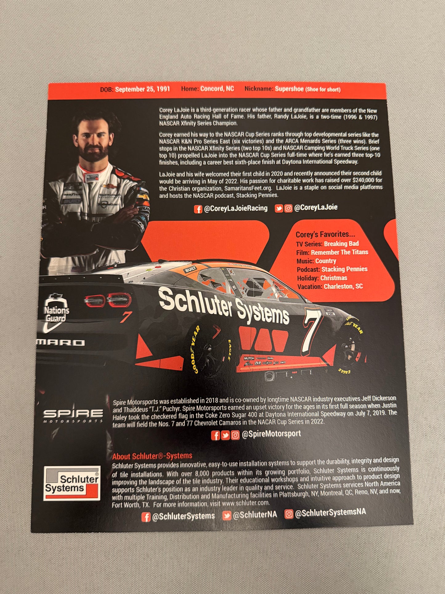 Corey Lajoie #7 2022 Schluter Systems Nascar Hero Card