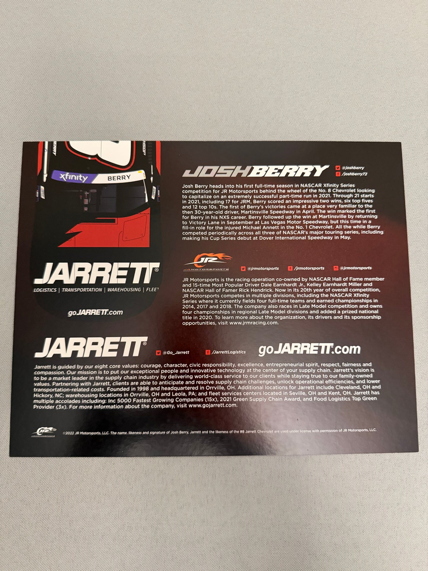 Josh Berry #8 2022 Jarrett Nascar Hero Card