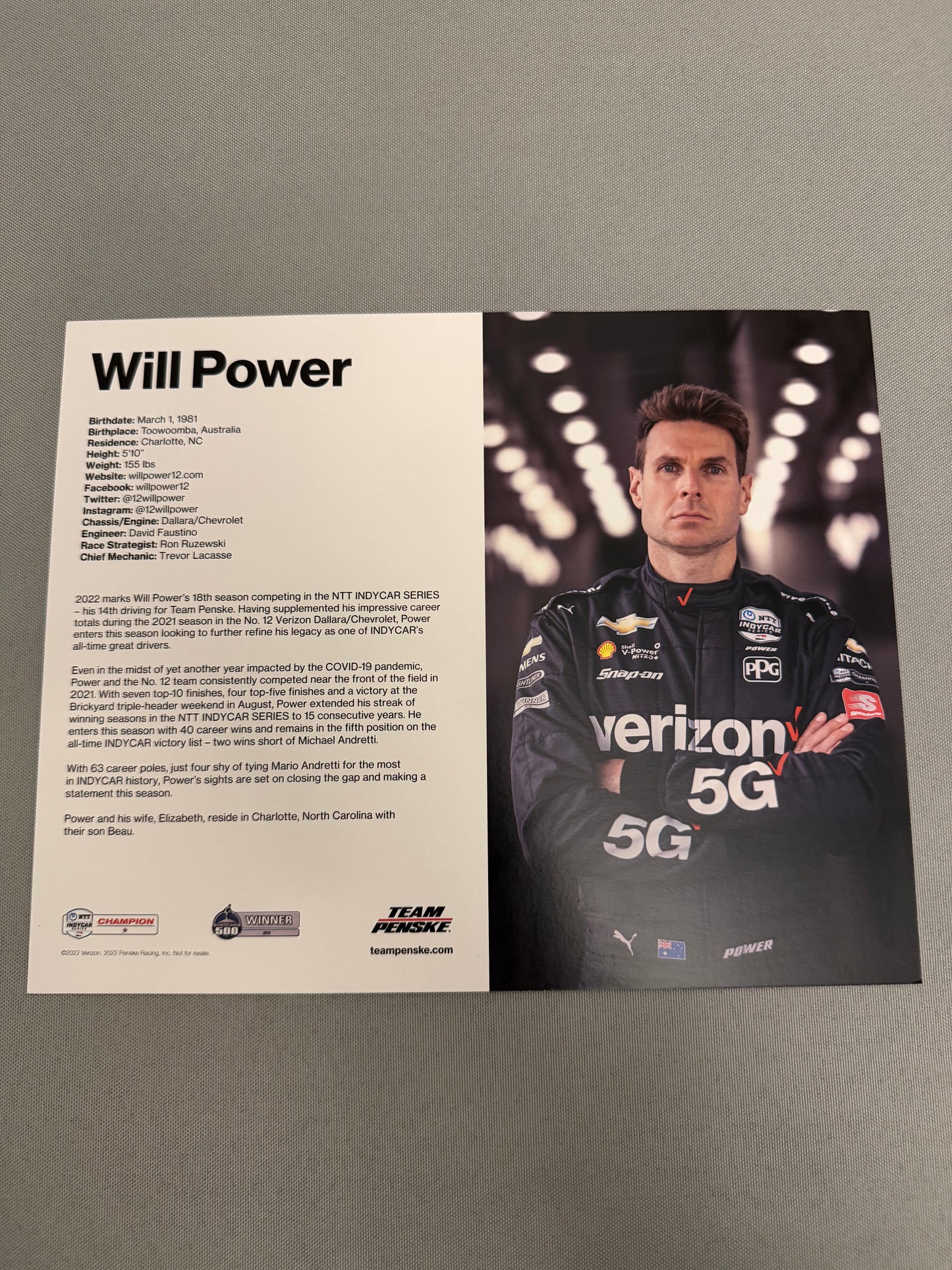 Will Power #12 2022 Verizon Indycar Hero Card