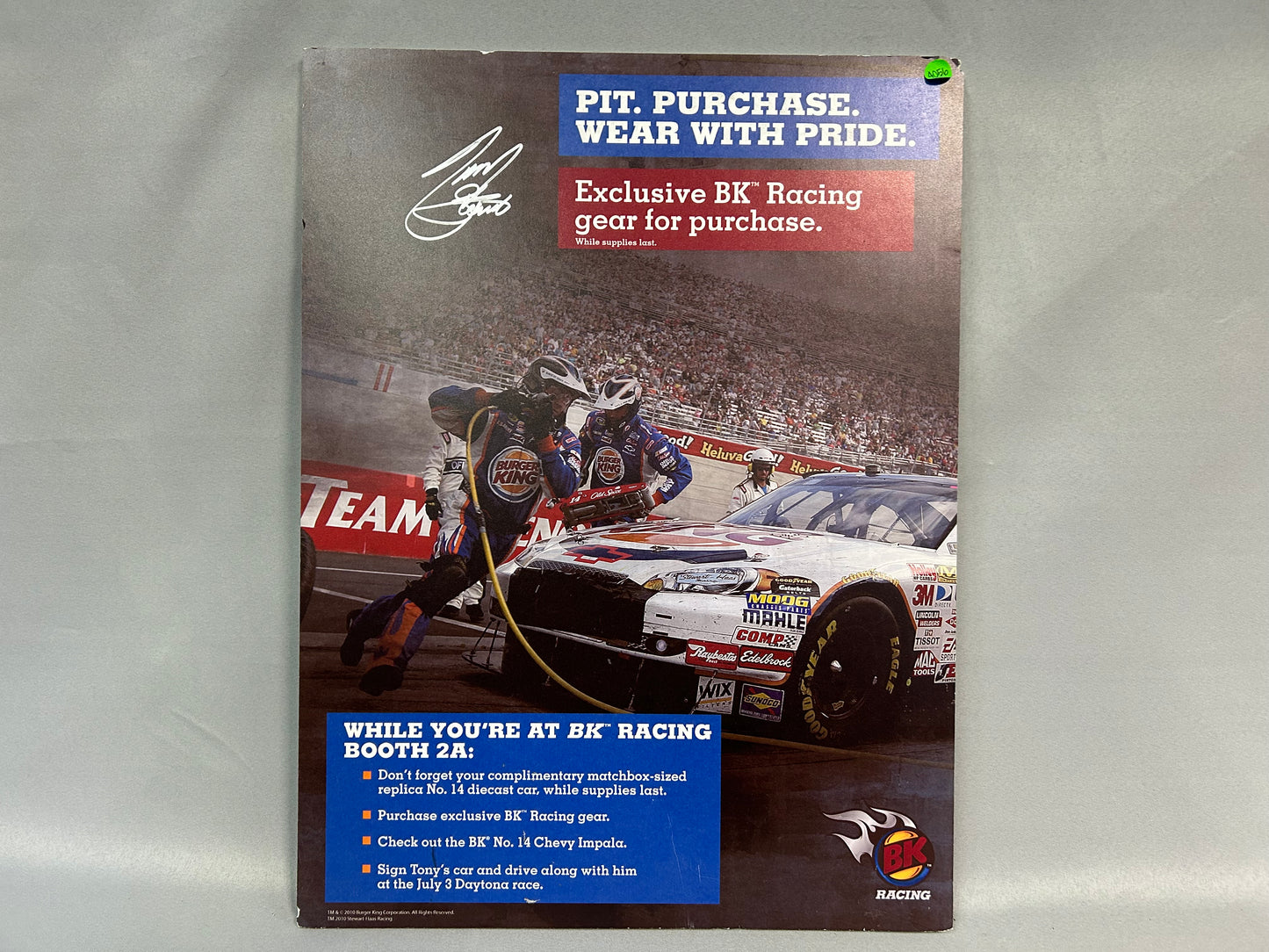 Tony Stewart #14 BK Racing Nascar Autographed Promo Sign