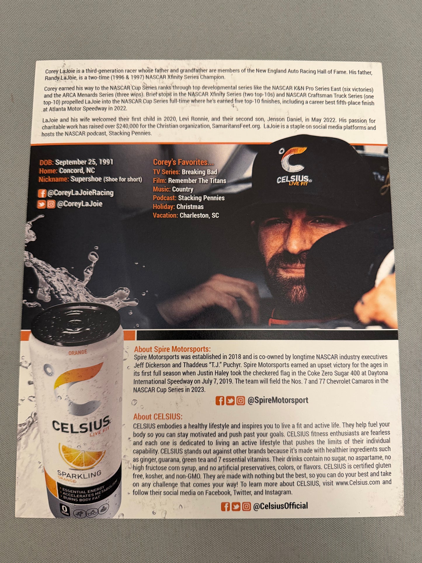 Corey Lajoie #7 2023 Celsius Autographed Nascar Hero Card