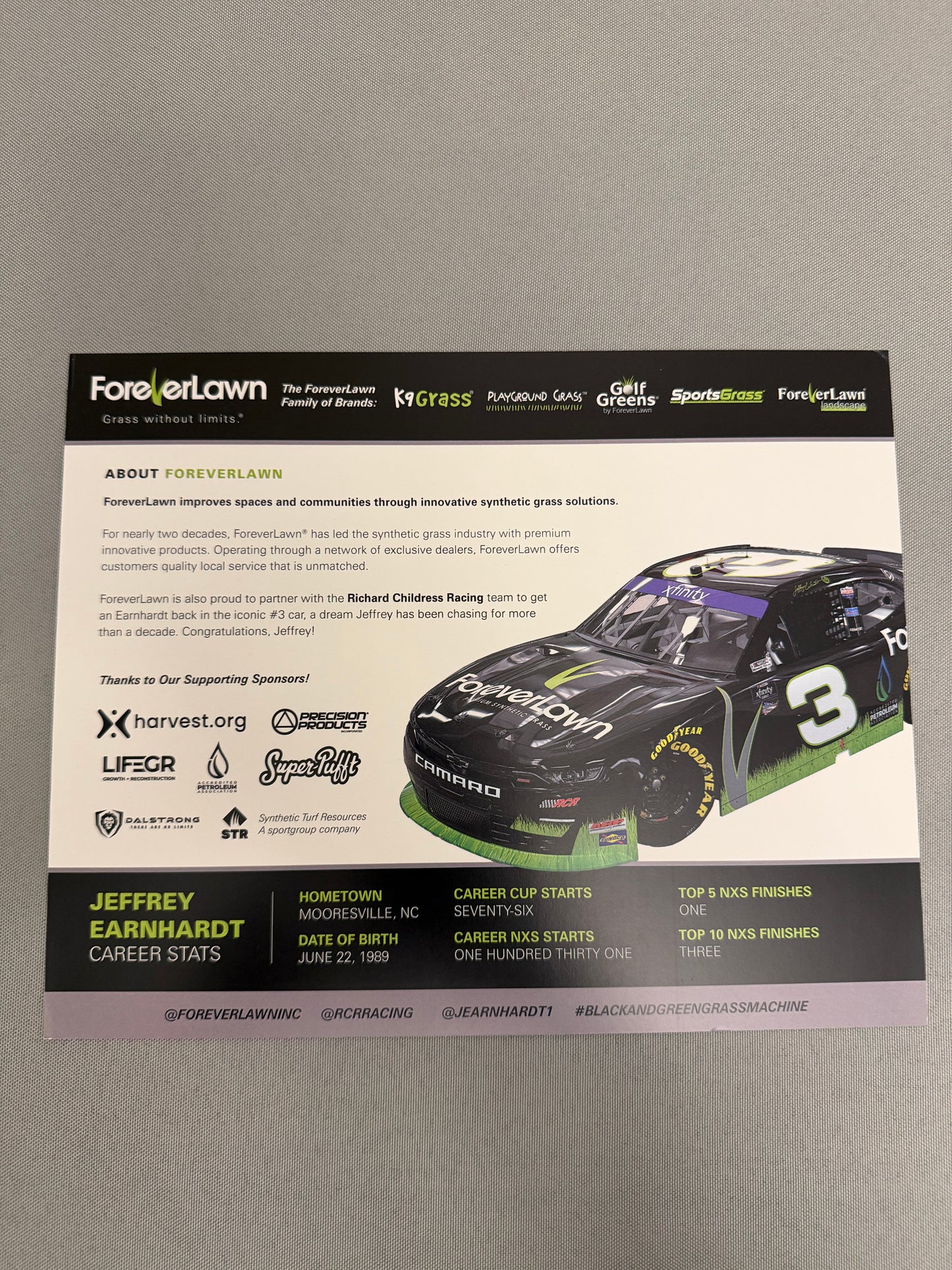 Jeffrey Earnhardt #3 Forever Lawn Nascar Hero Card