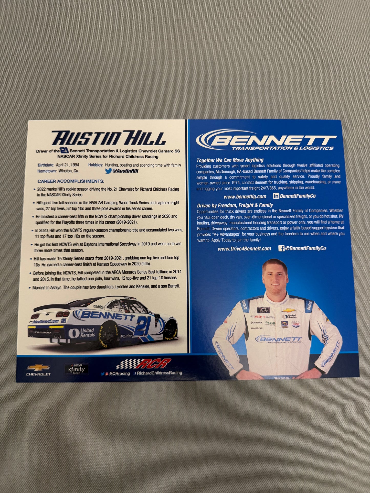 Austin Hill #21 2022 Bennett Transportation Nascar Hero Card