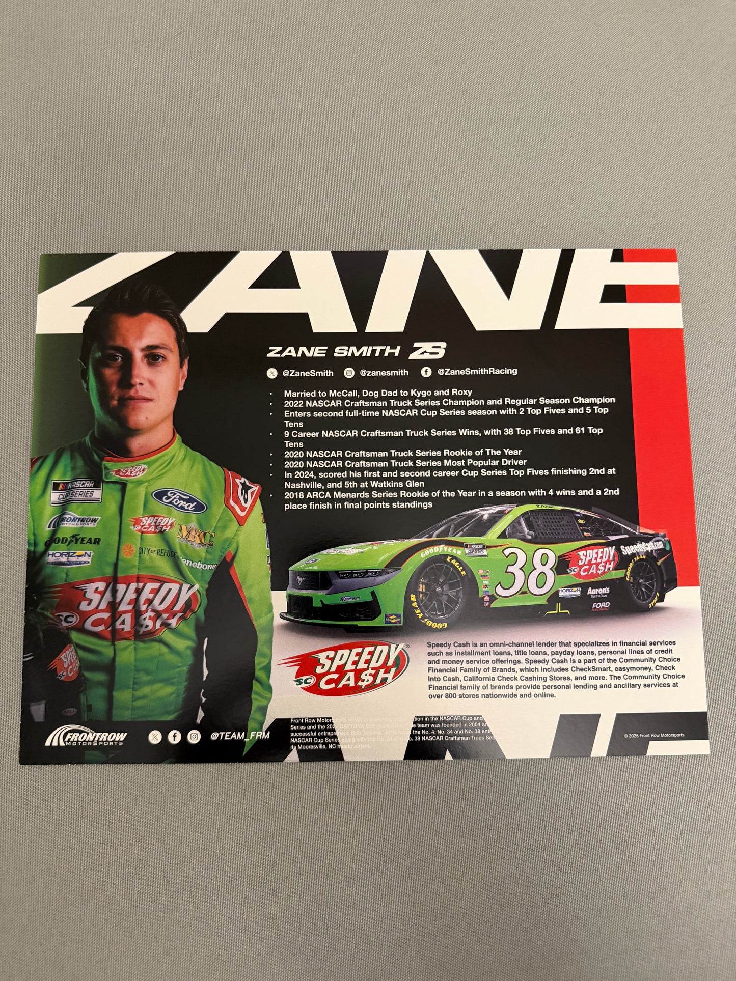 Zane Smith #38 2025 Speedy Cash Nascar Hero Card