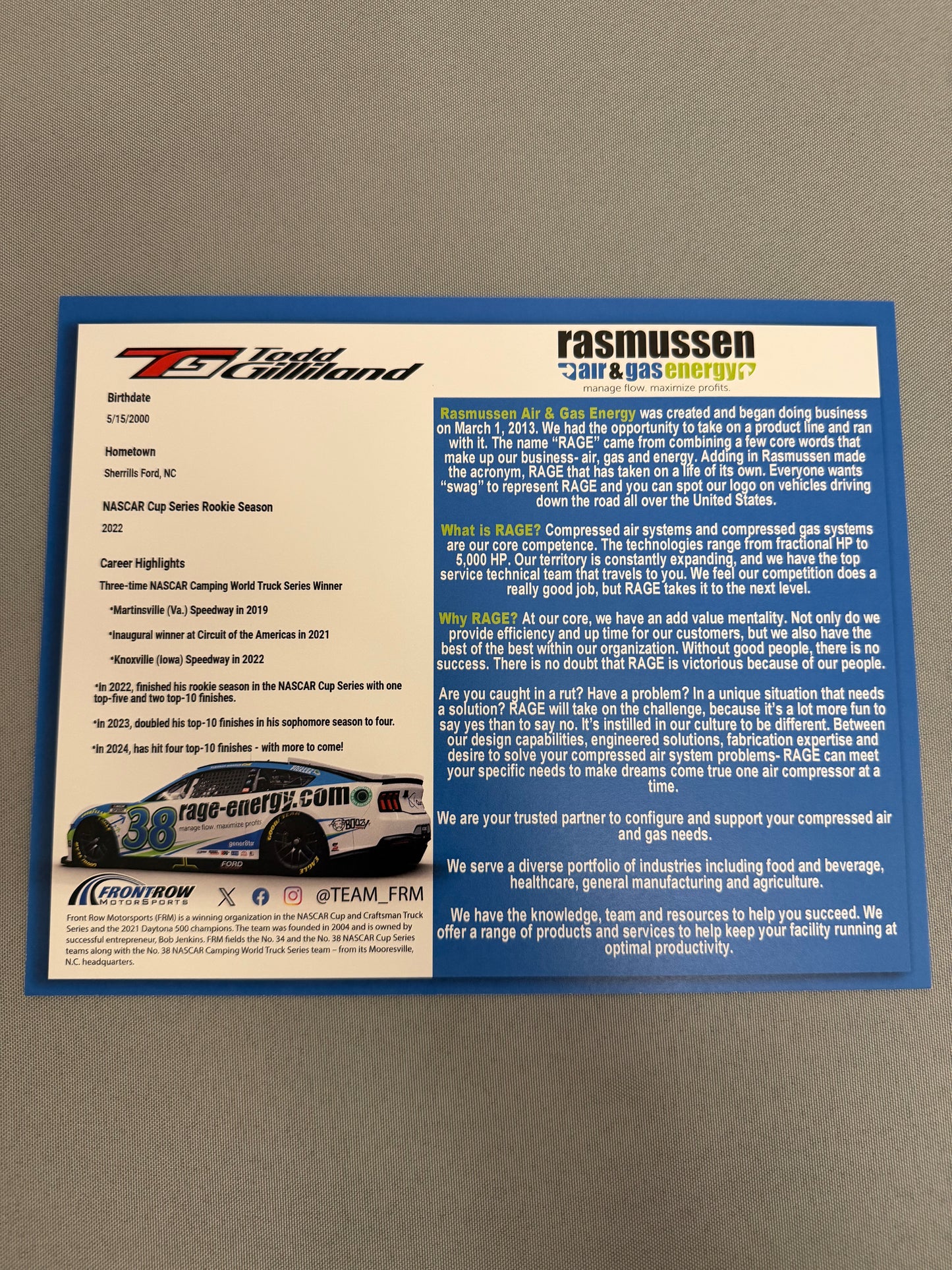 Todd Gilliland #38 2024 Rasmussen Nascar Hero Card