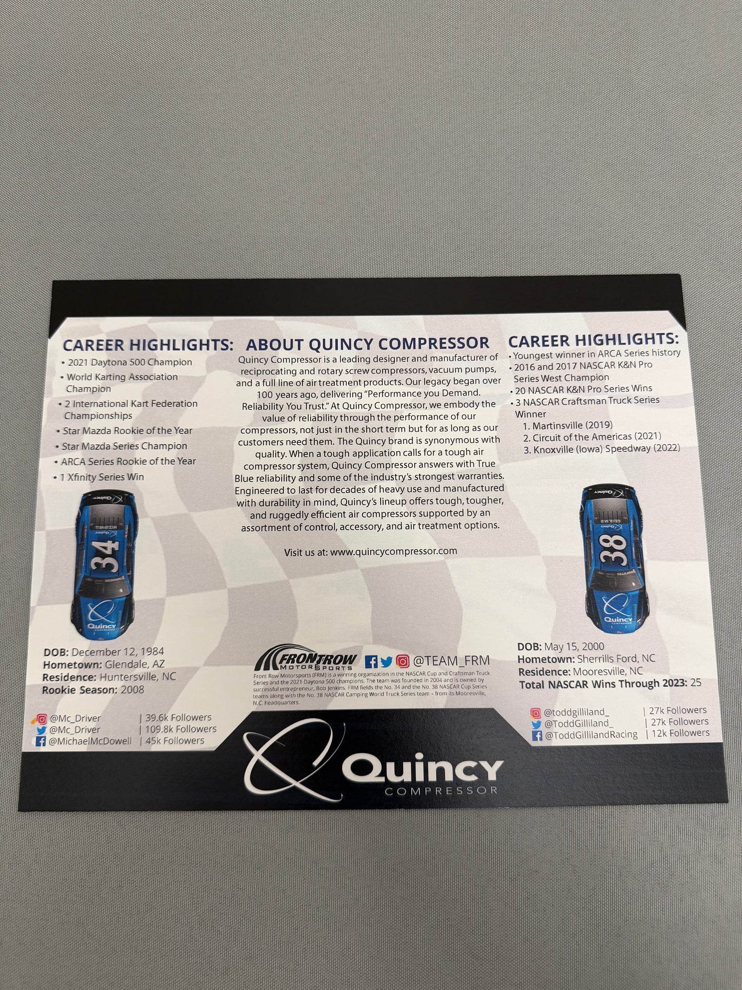 Michael McDowell Todd Gilliland 2023 Quincy Compressor Nascar Hero Card
