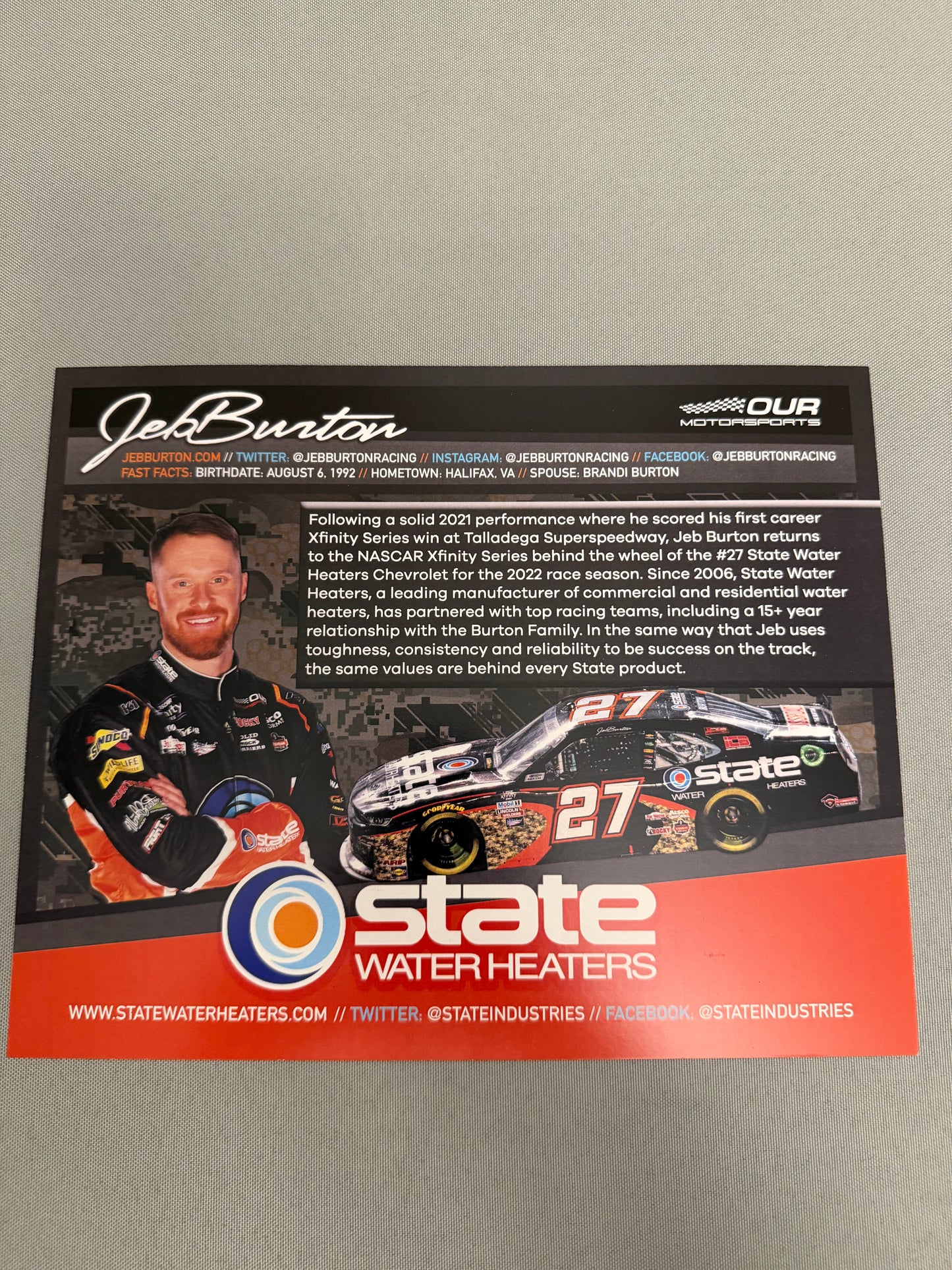 Jeb Burton 2022 #27 State Water Heaters Nascar Hero Card