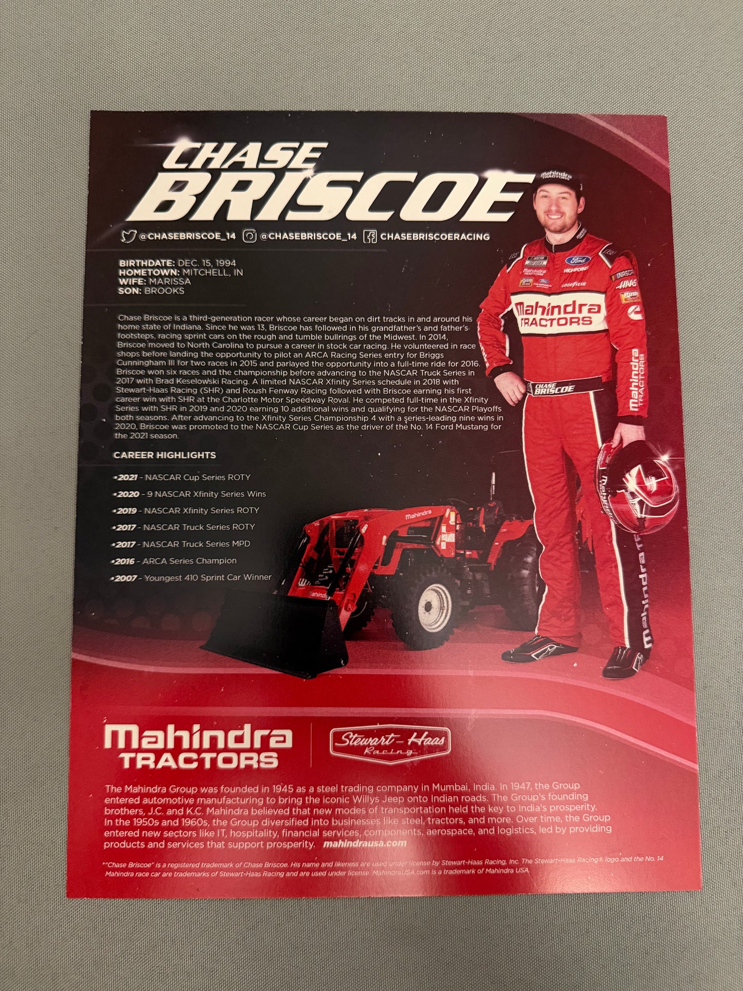 Chase Briscoe #14 2022 Mahindra Tractors Nascar Hero Card