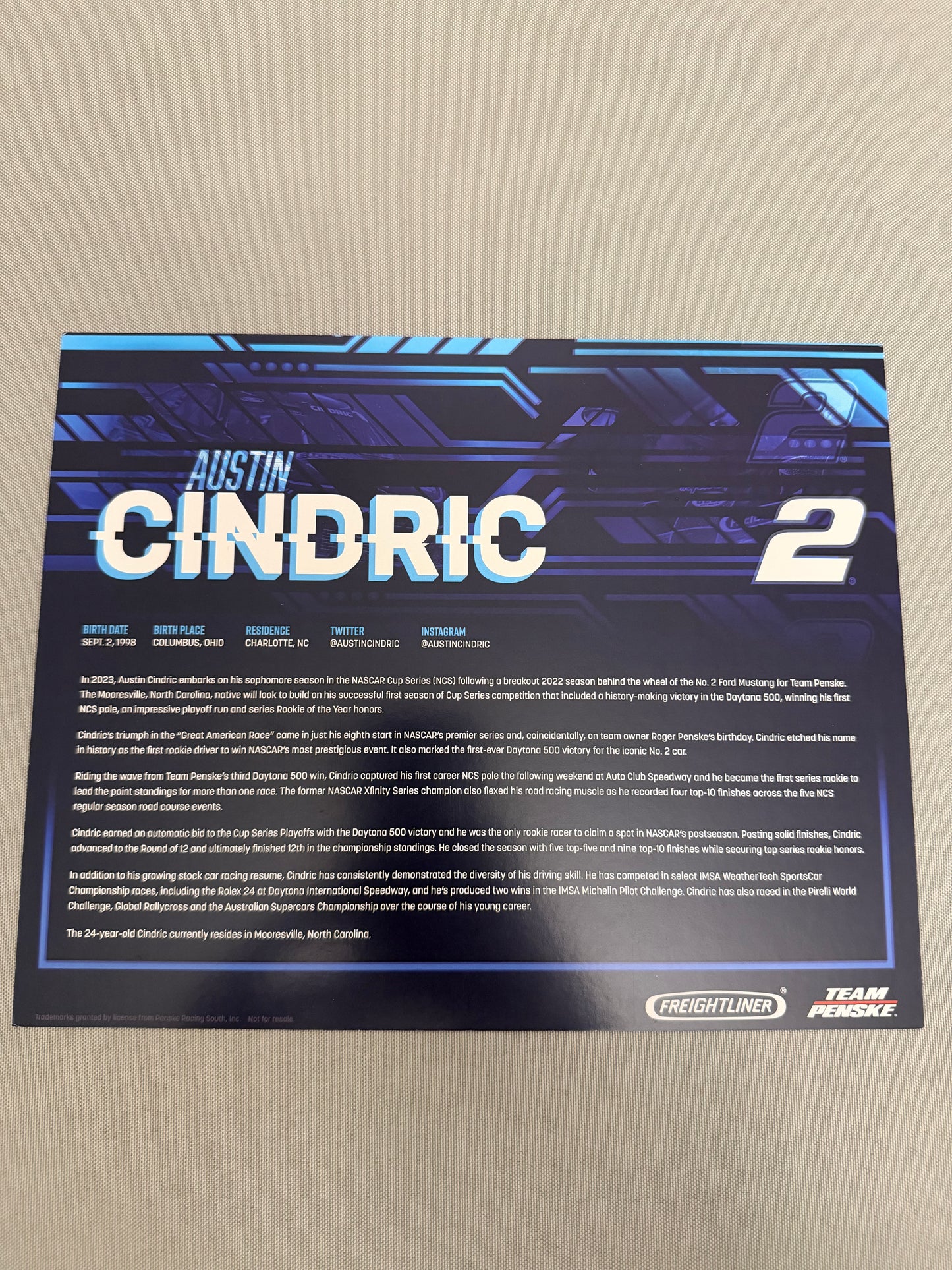 Austin Cindric #2 2023 Freightliner Nascar Hero Card