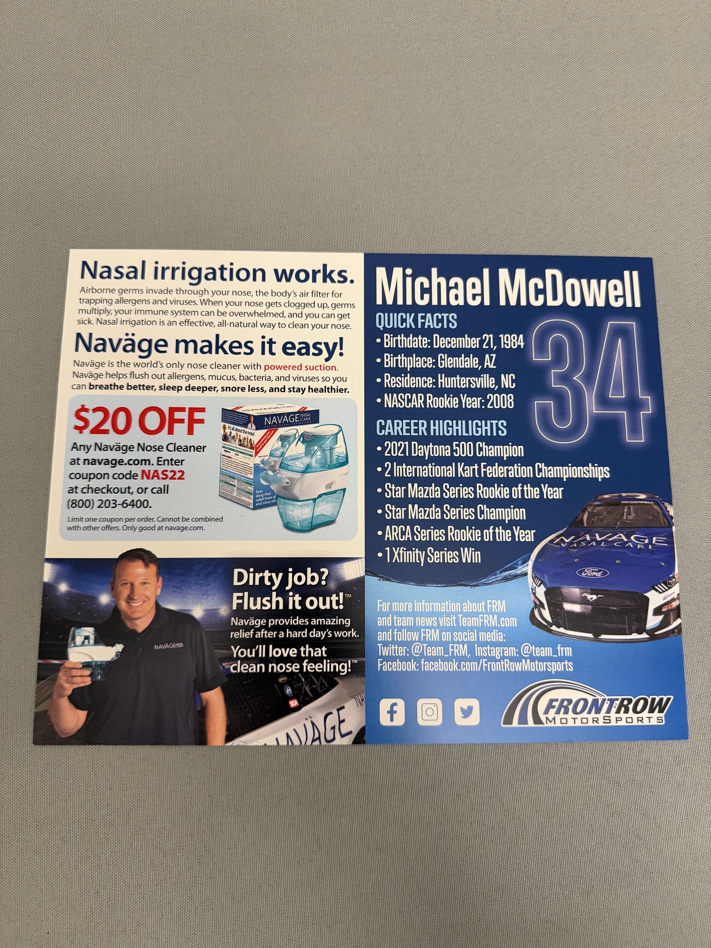 Michael McDowell #34 2022 Navage Nascar Hero Card