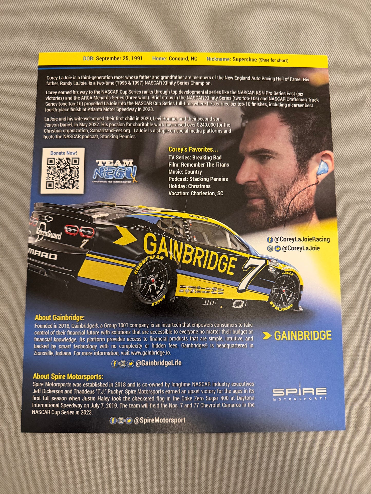 Corey Lajoie #7 2023 Gainbridge Nascar Hero Card
