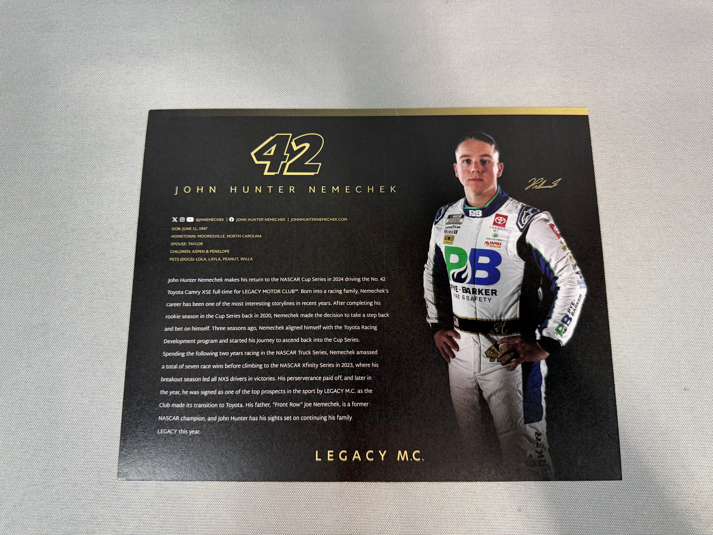 John Hunter Nemechek #42 2024 Pye Barker Nascar Hero Card