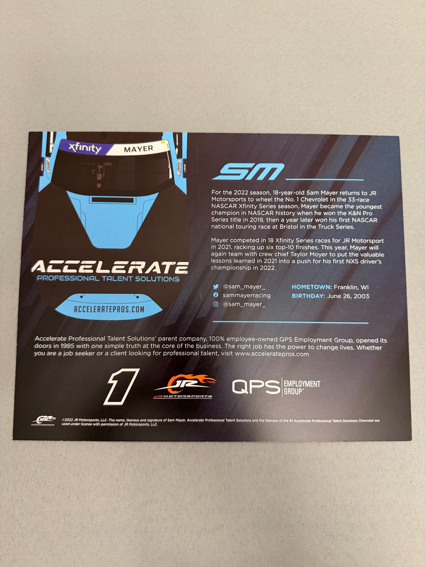 Sam Mayer #1 2022 Accelerate Nascar Hero Card