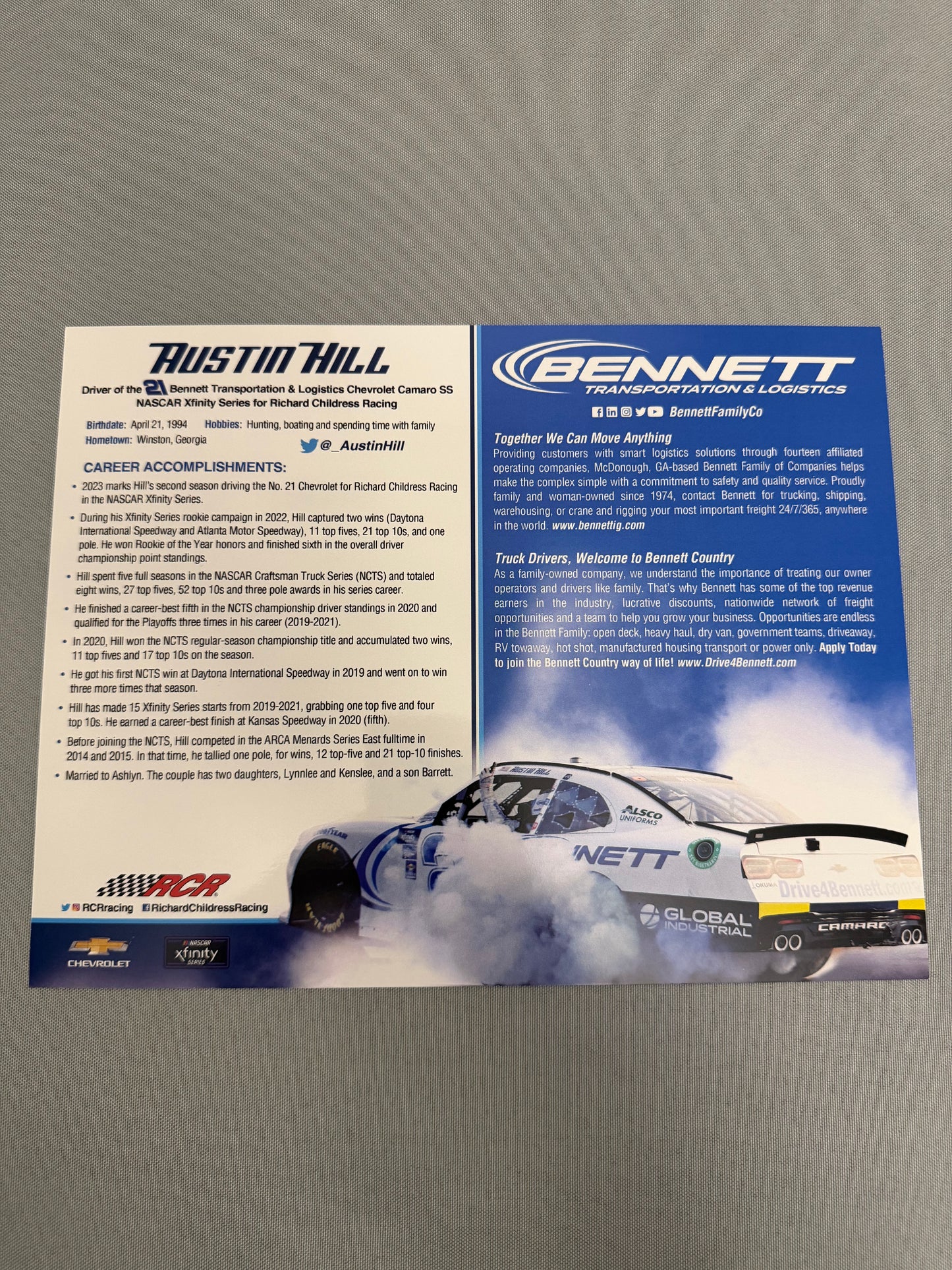 Austin Hill #21 2023 Bennett Transportation Nascar Hero Card