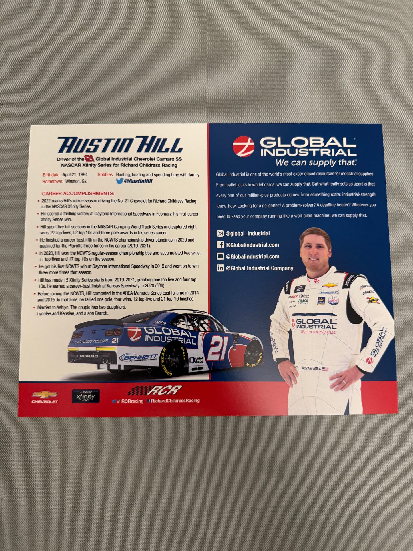 Austin Hill #21 2022 Global Industrial Nascar Hero Card