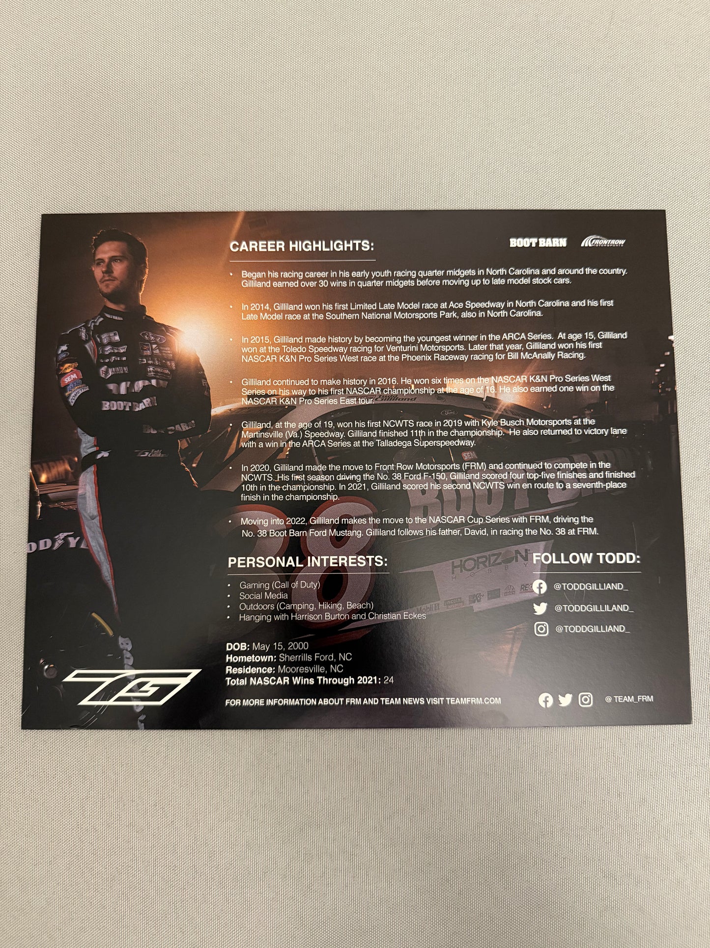 Todd Gilliland #38 2022 Boot Barn Nascar Hero Card