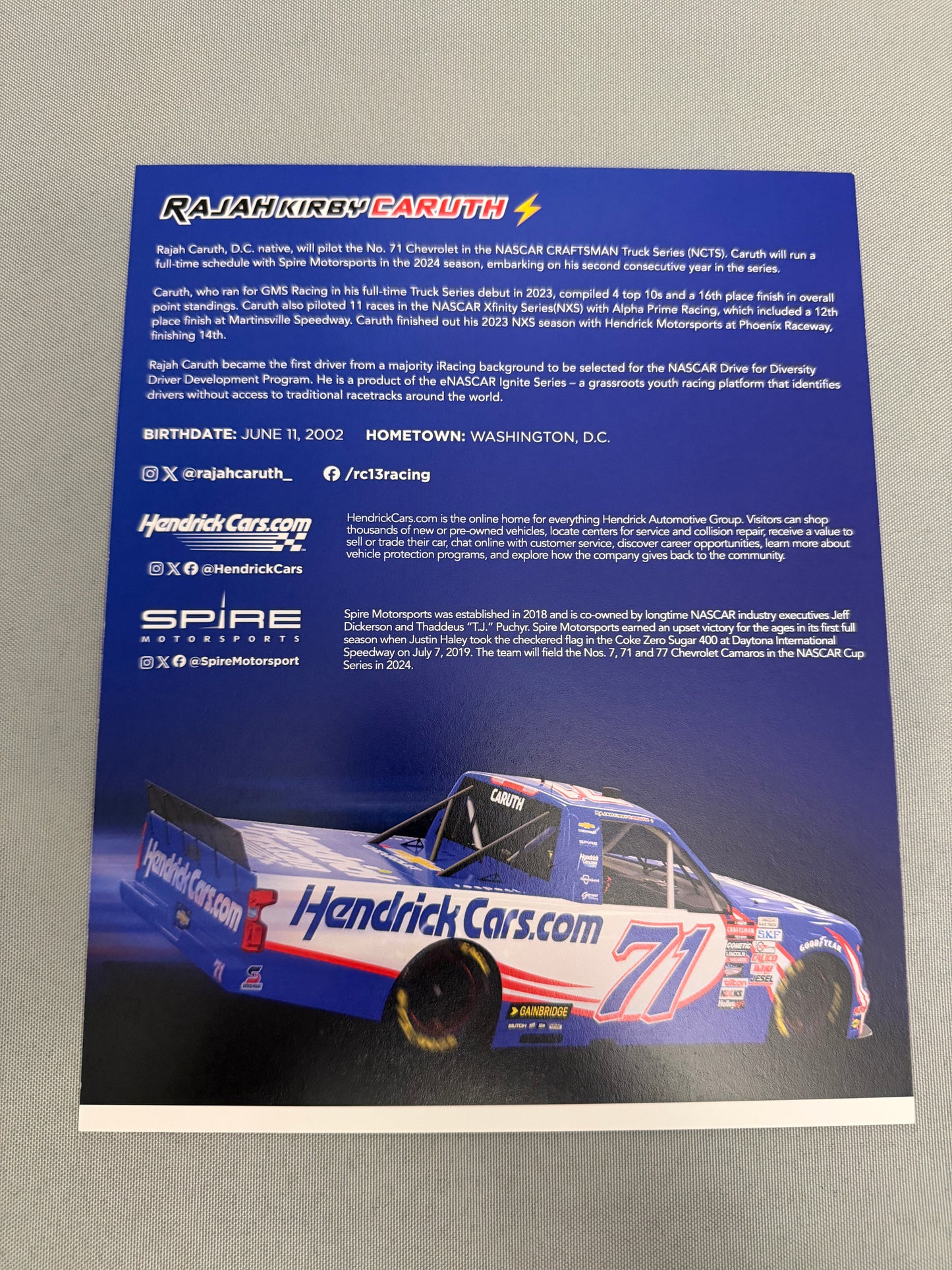 Rajah Caruth #71 2024 Hendrick Cars Nascar Hero Card