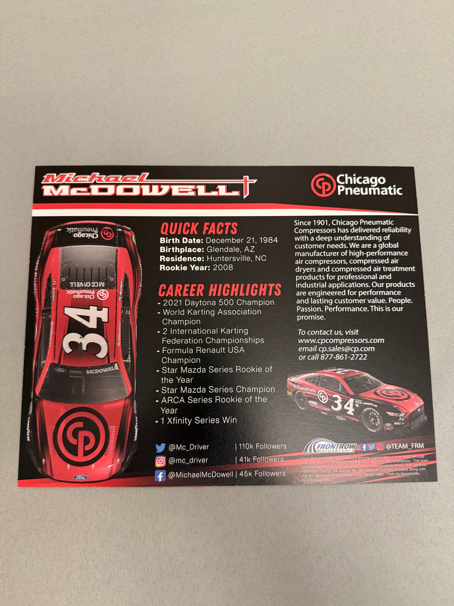 Michael McDowell #34 2024 Chicago Pneumatic Nascar Hero Card