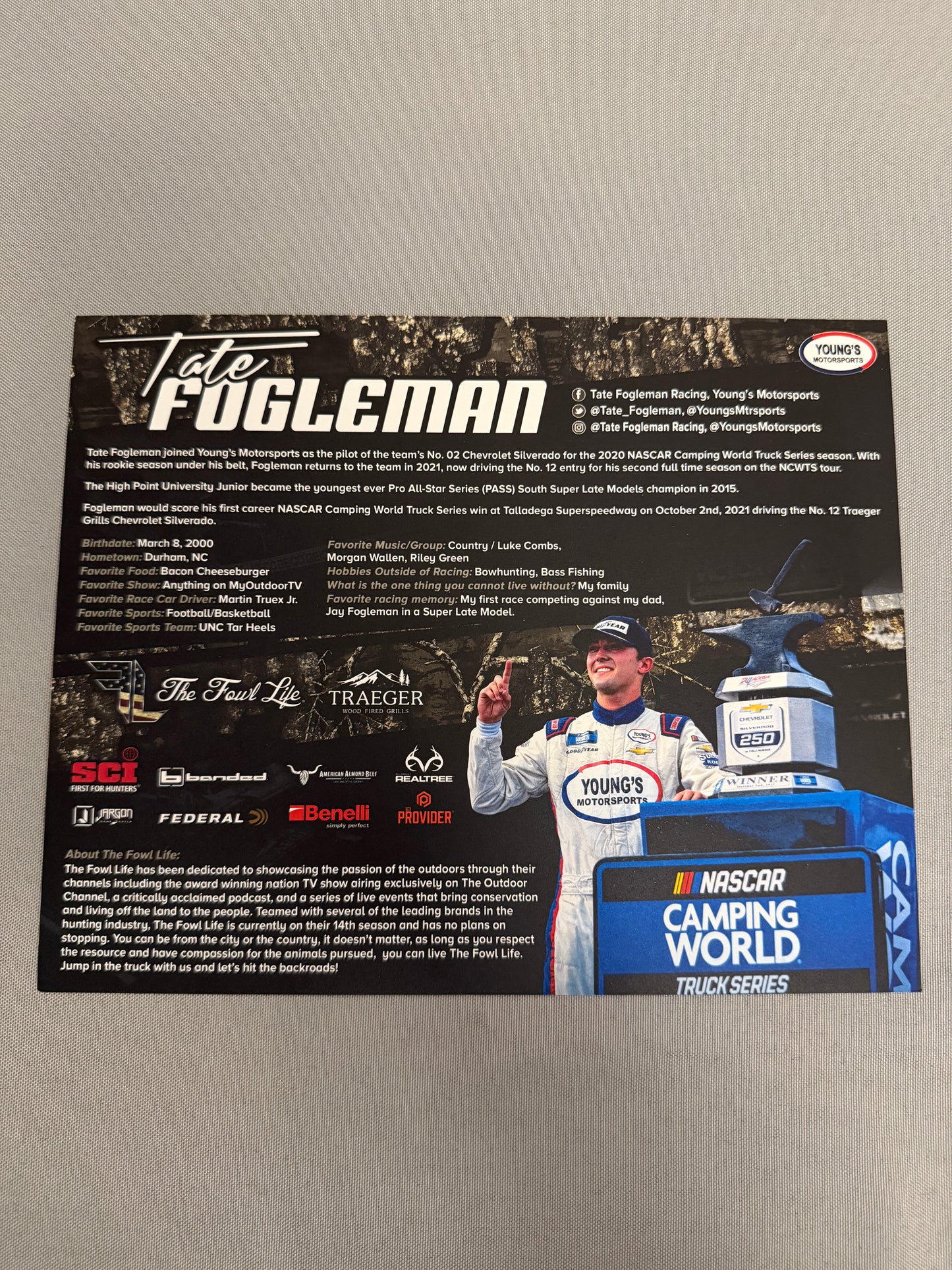 Tate Fogleman #12 2021 The Fowl Life Nascar Hero Card