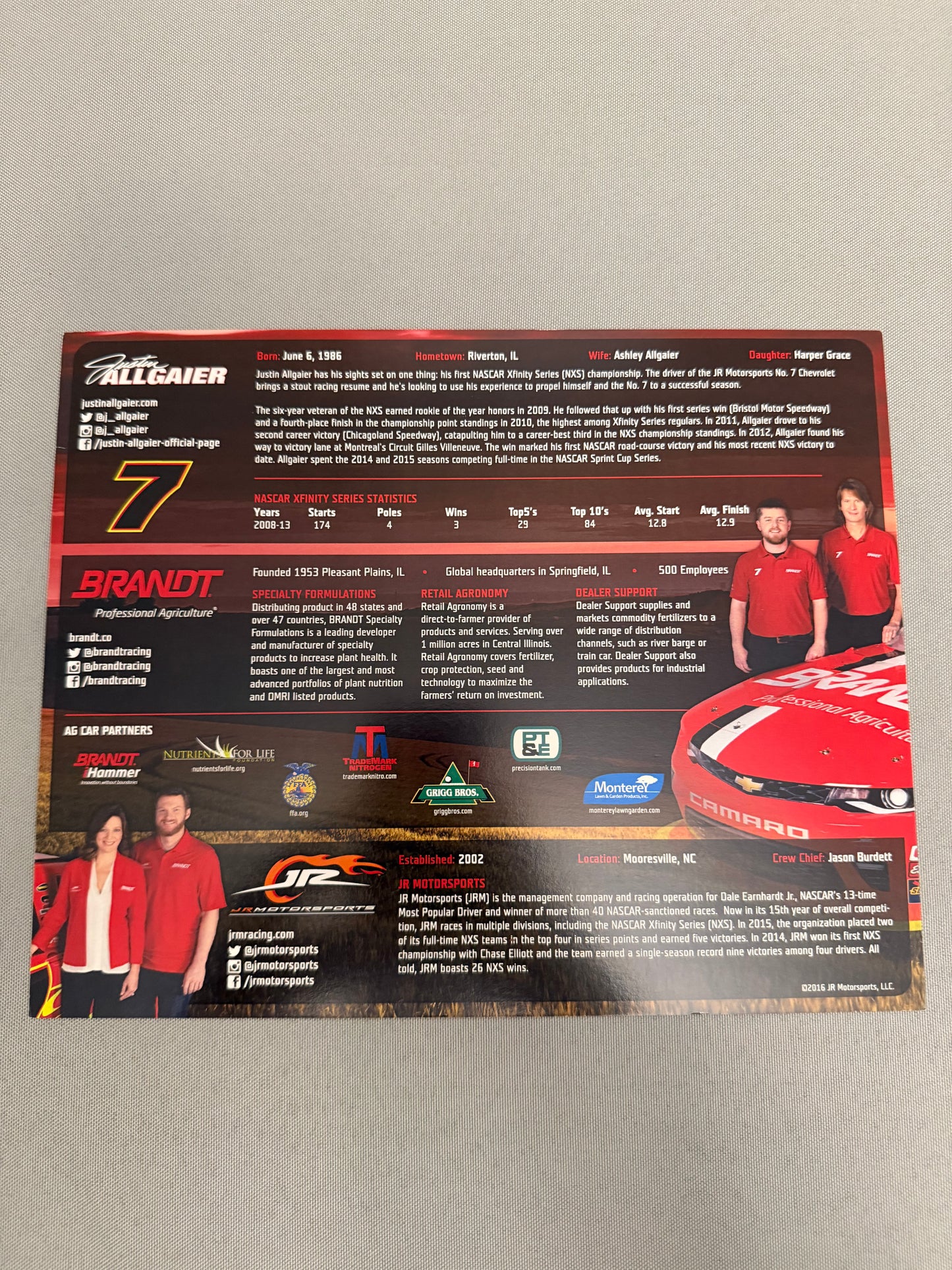Justin Allgaier #7 2016 Brandt Nascar Hero Card