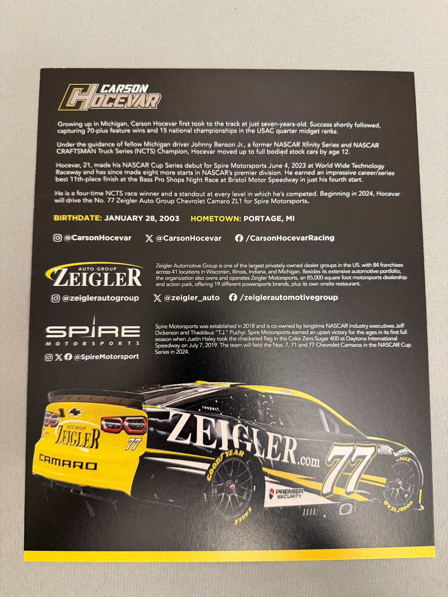 Carson Hocevar #77 2024 Ziegler Nascar Hero Card