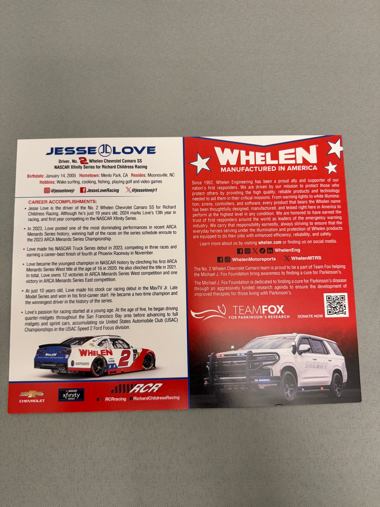 Jesse Love #2 2024 Whelen Patriotic Nascar Hero Card