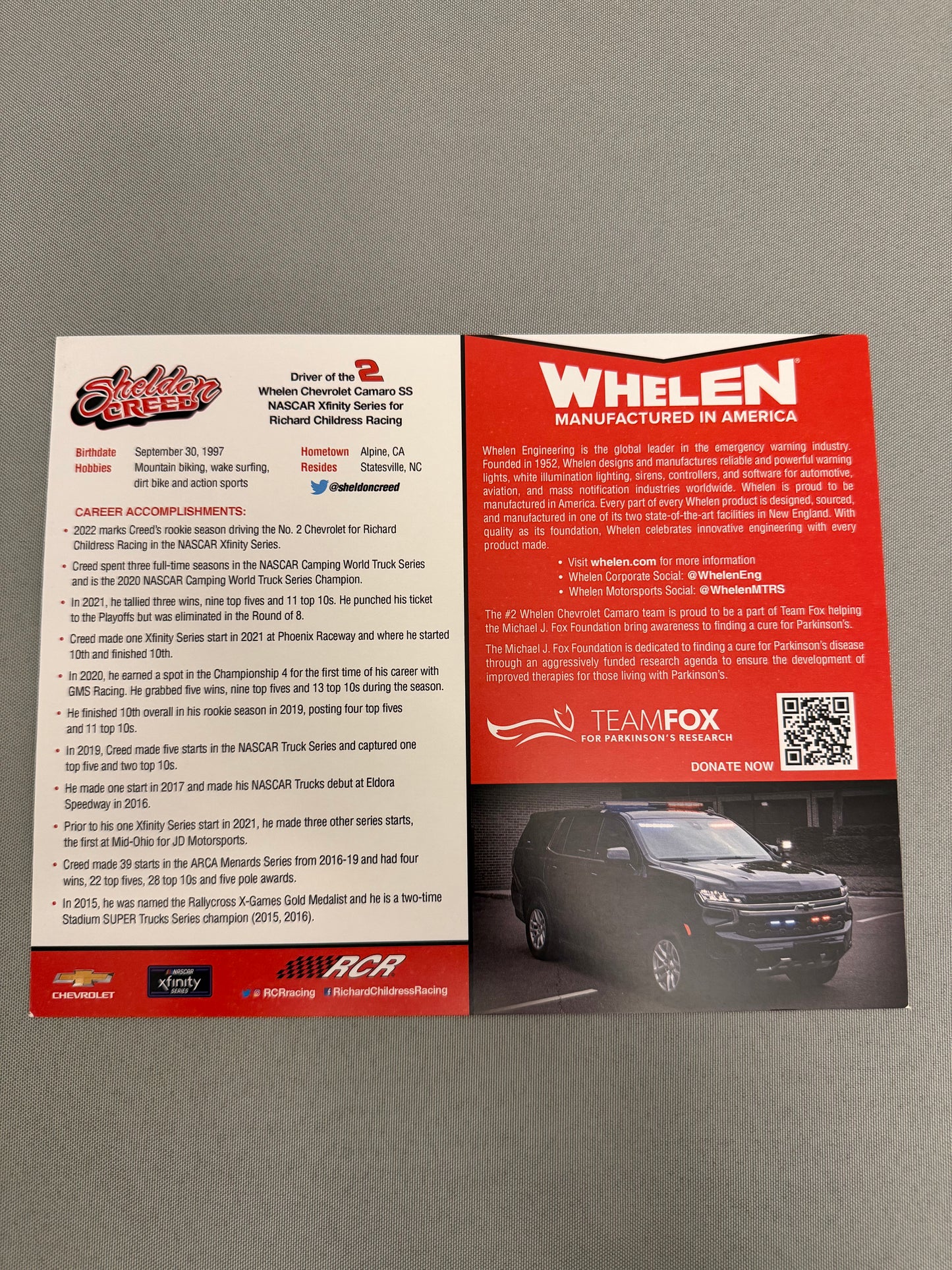 Sheldon Creed #2 2022 Whelen Nascar Hero Card