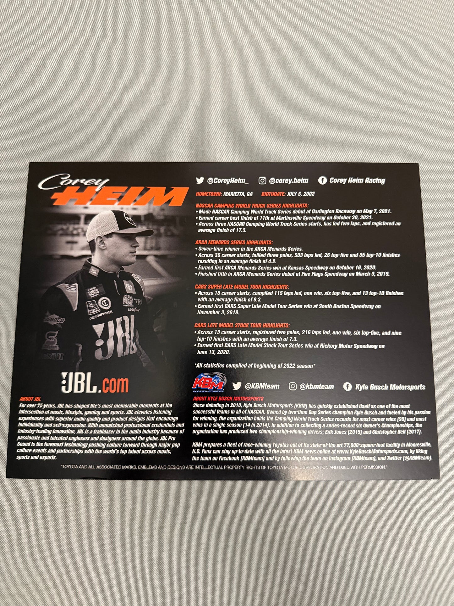 Corey Heim #51 2022 JBL Nascar Hero Card
