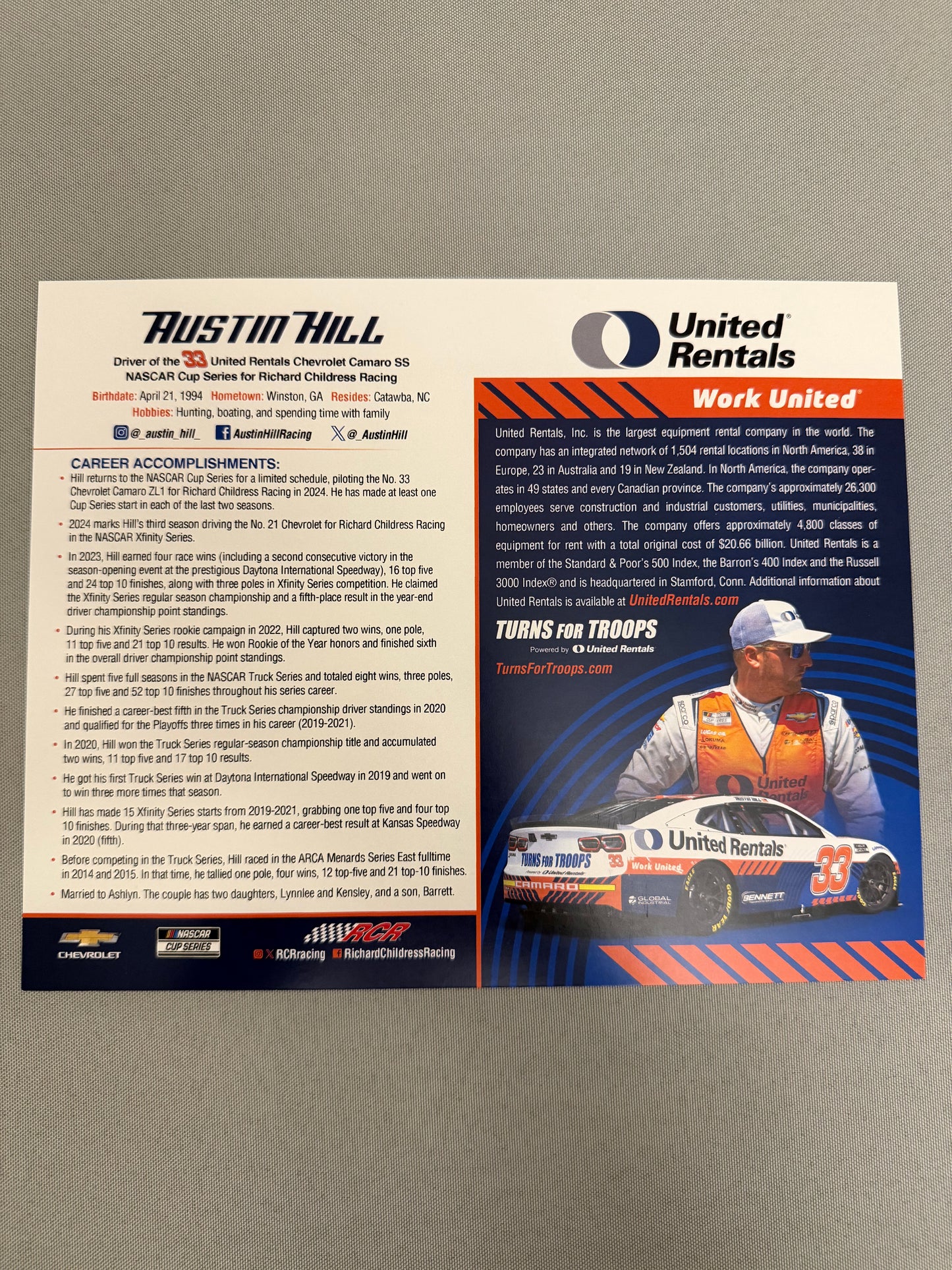 Austin Hill #33 2024 United Rentals Nascar Hero Card