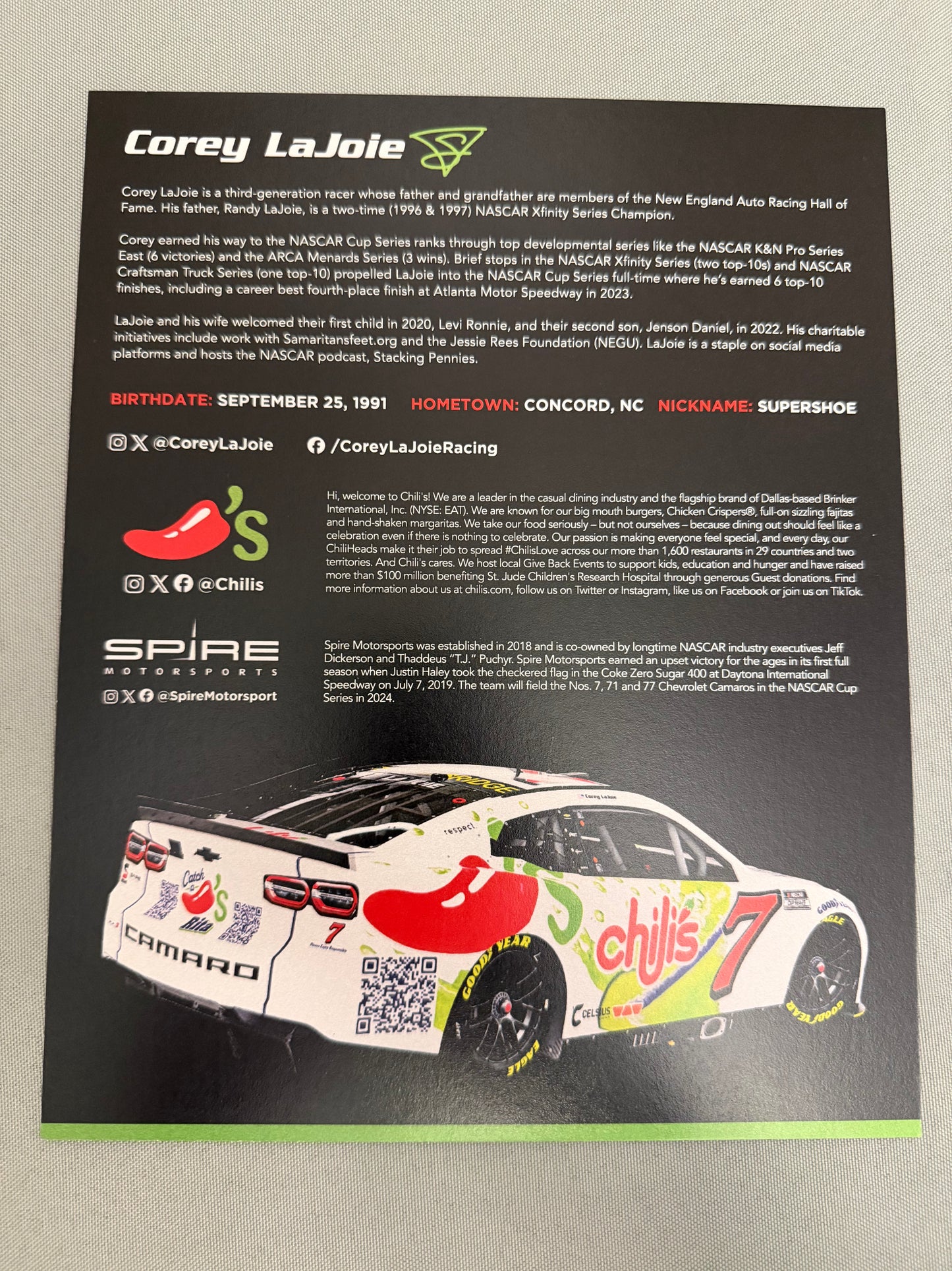 Corey Lajoie #7 2024 Chilis Catch A Rita Nascar Hero Card