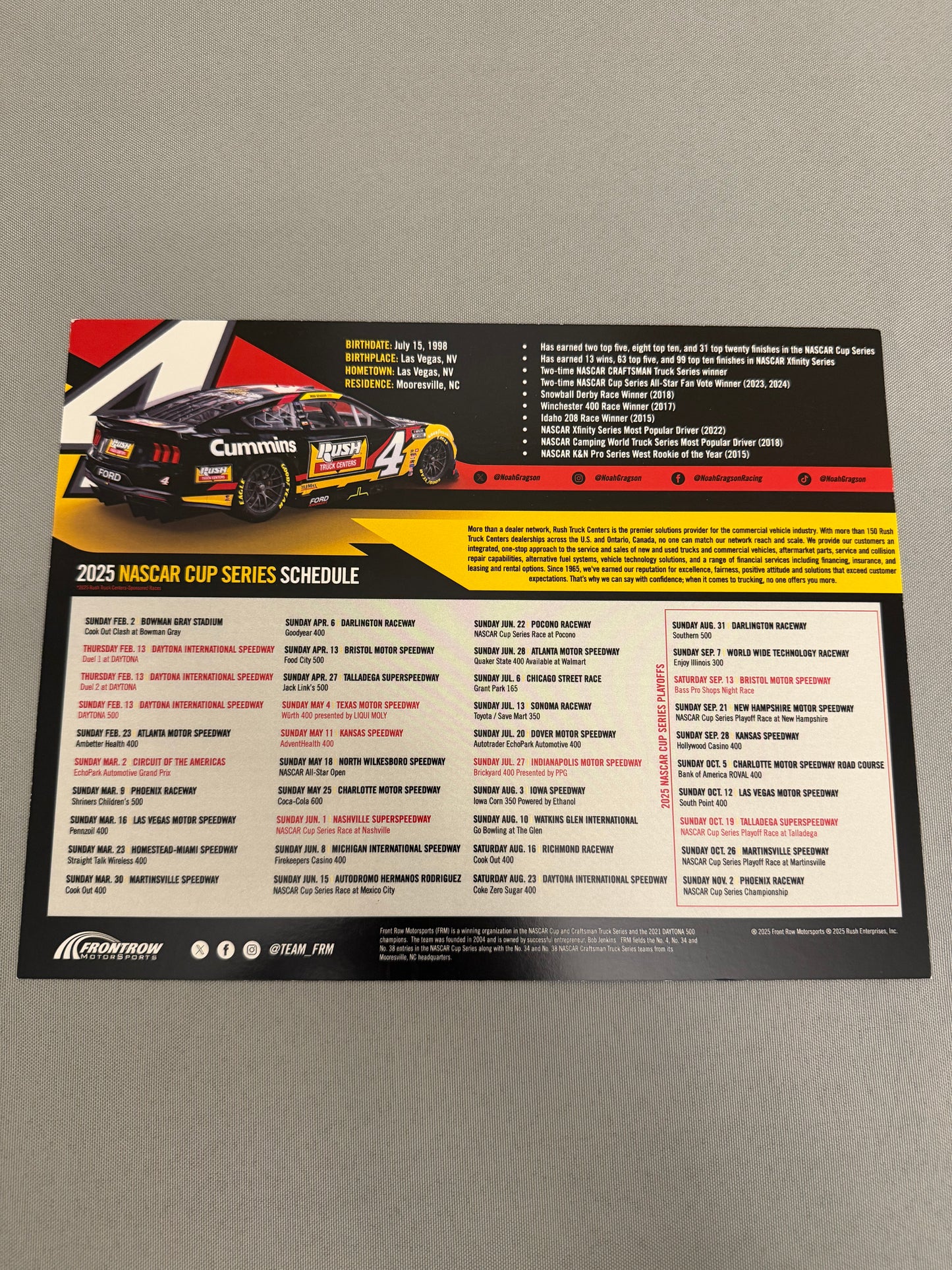 Noah Gragson #4 2025 Rush Truck Centers Nascar Hero Card