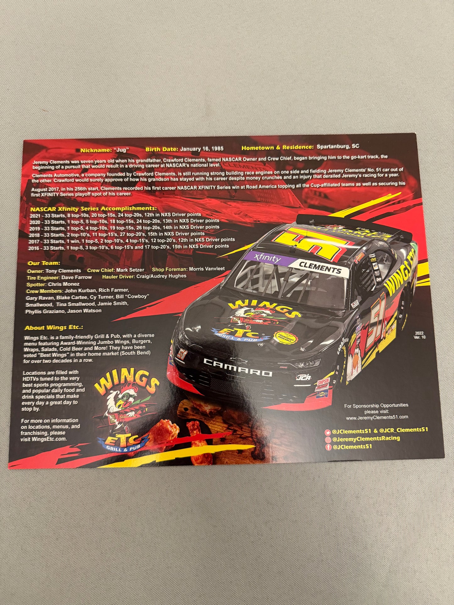 Jeremy Clements #51 2022 Wings ETC Autographed Nascar Hero Card