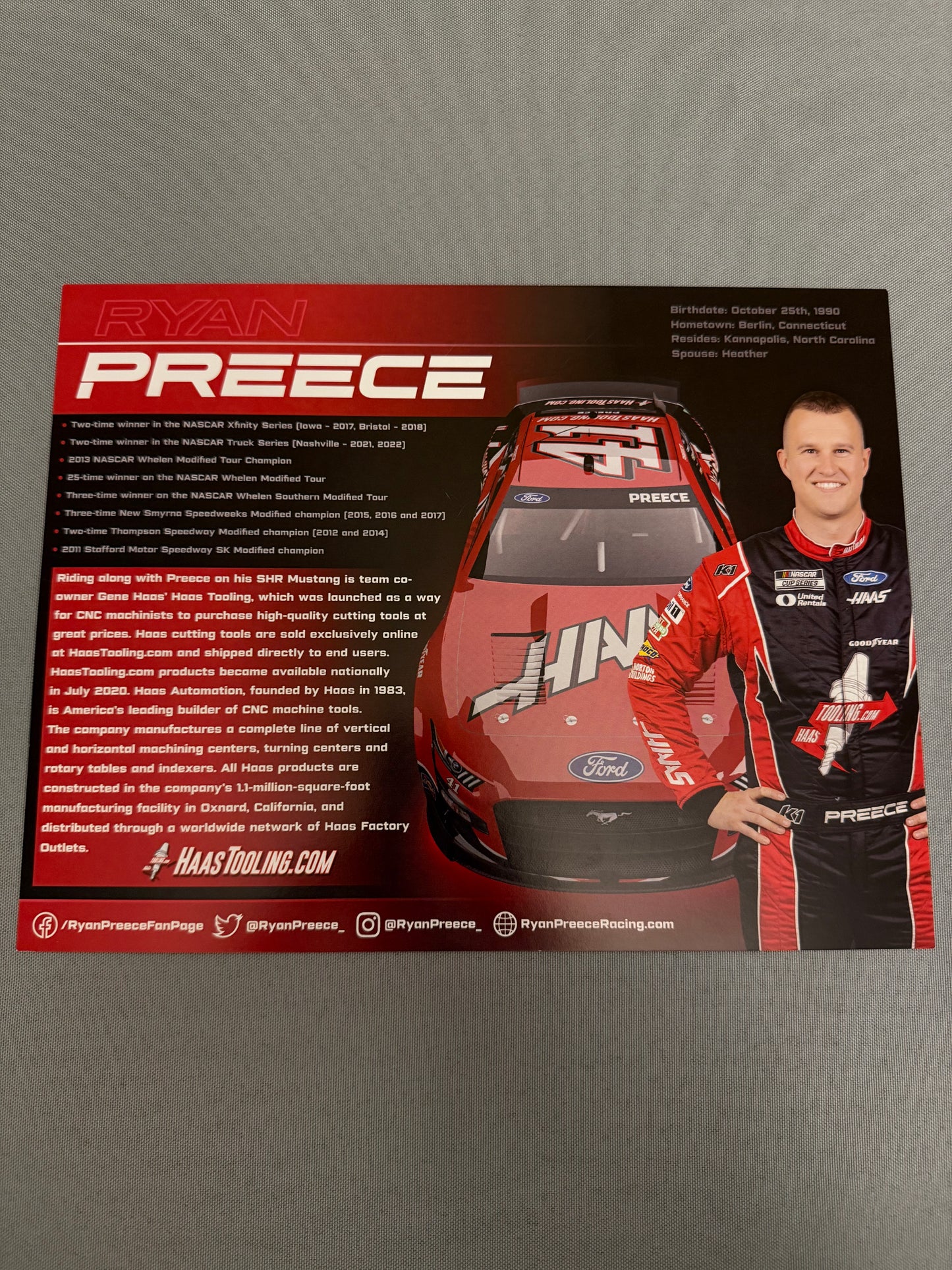 Ryan Preece #41 2023 Haas Tooling Autographed Nascar Hero Card