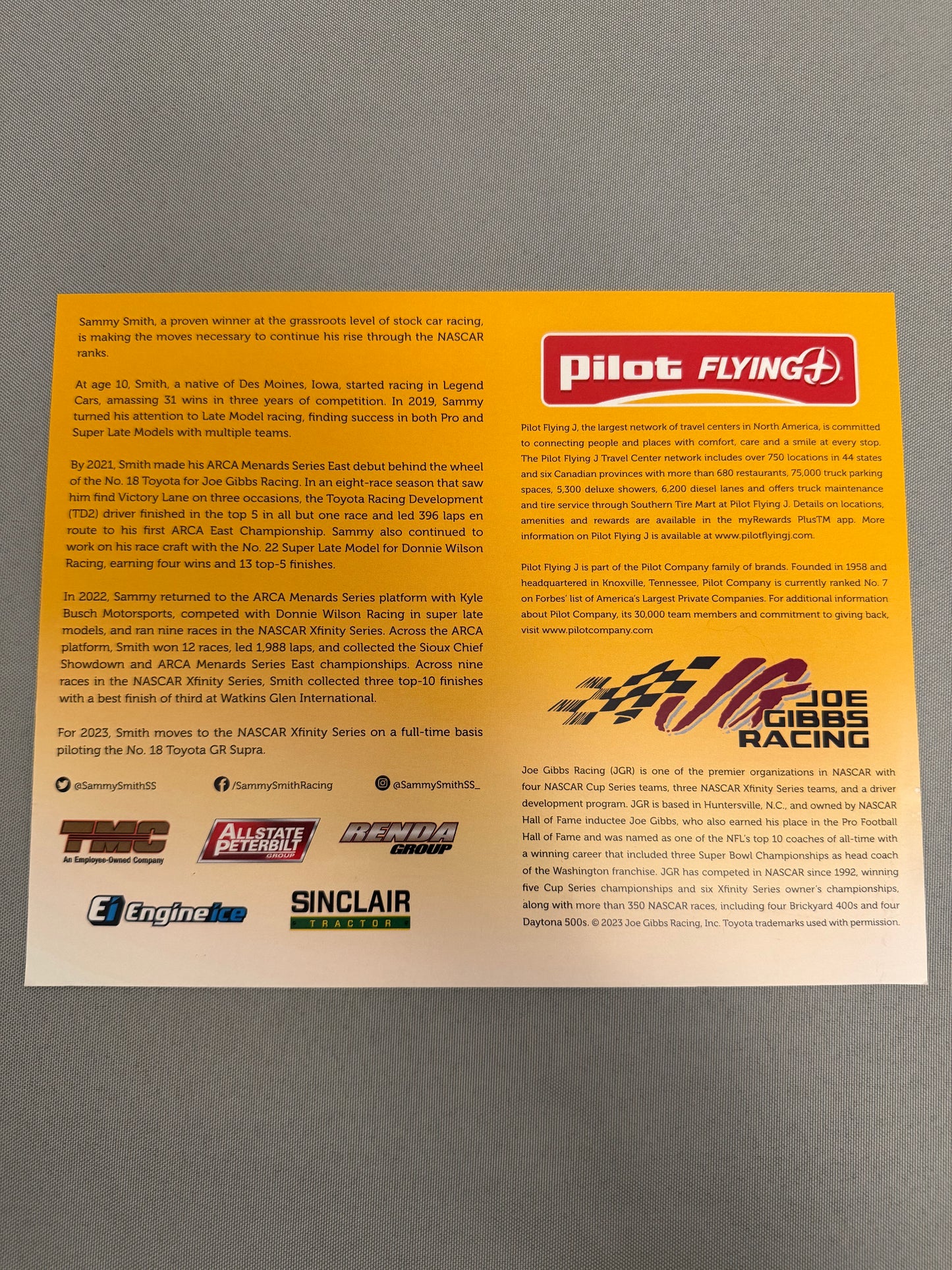 Sammy Smith #18 2023 Pilot Flying J Nascar Hero Card