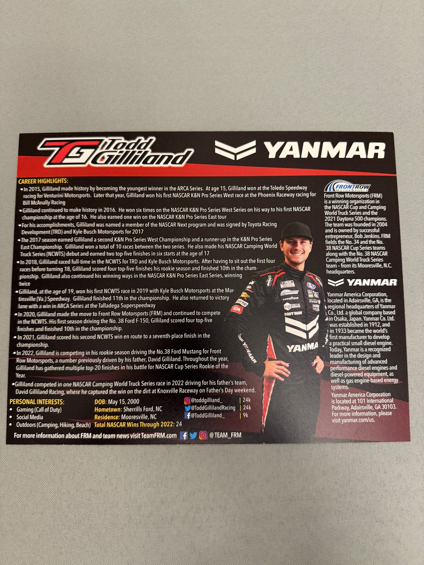 Todd Gilliland #38 2022 Yanmar Nascar Hero Card