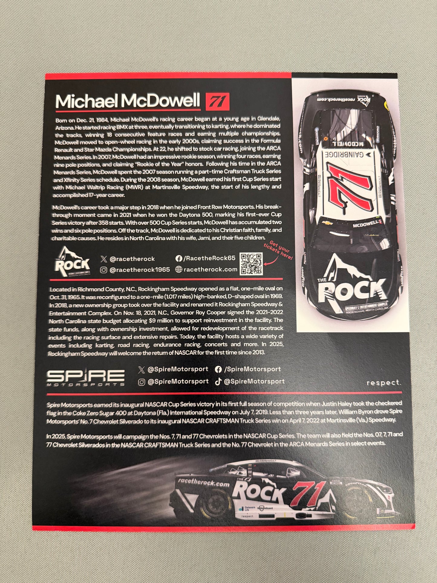 Michael McDowell #71 2025 Race The Rock Nascar Hero Card