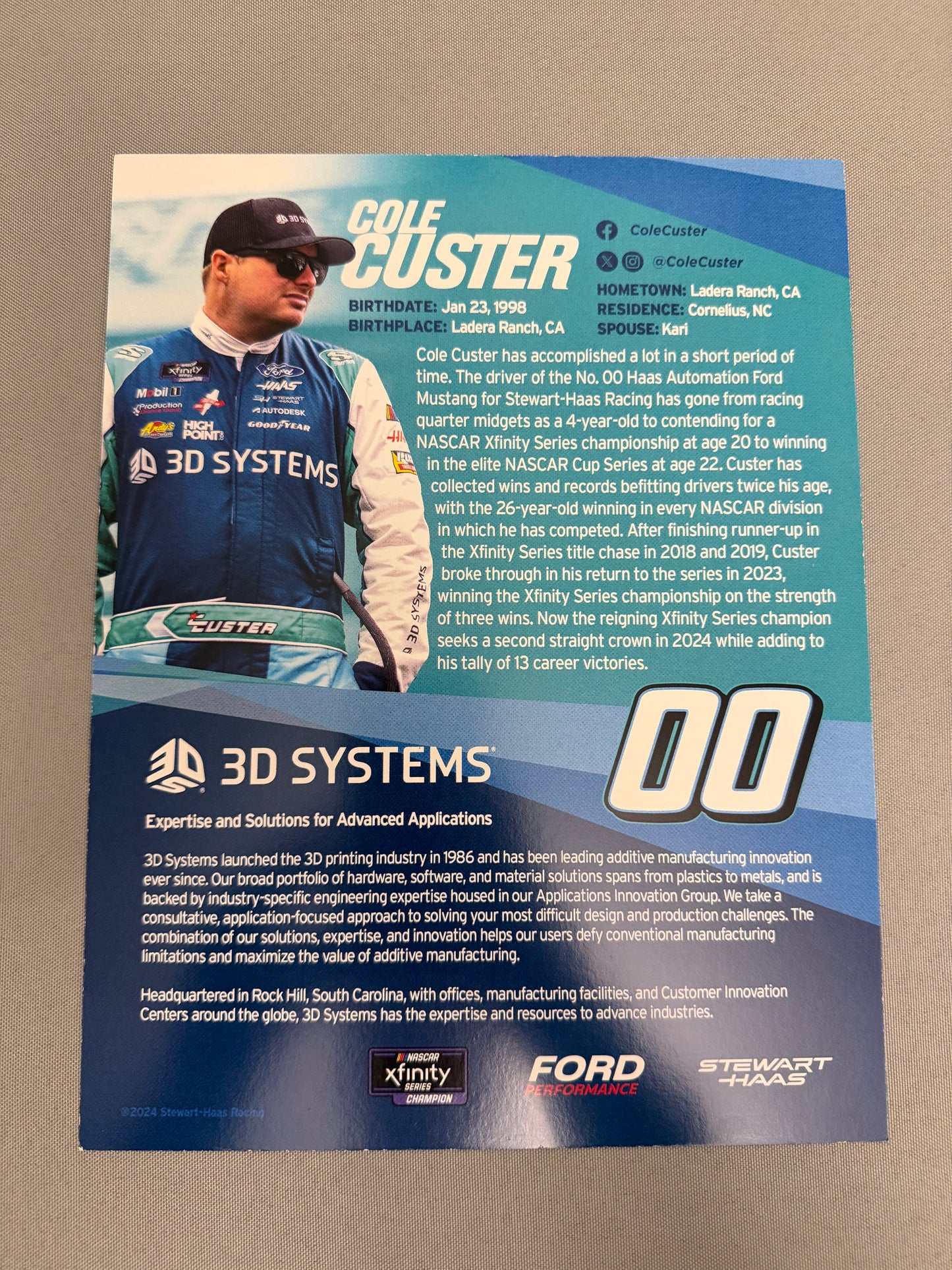 Cole Custer #00 2024 3D Systems Nascar Hero Card
