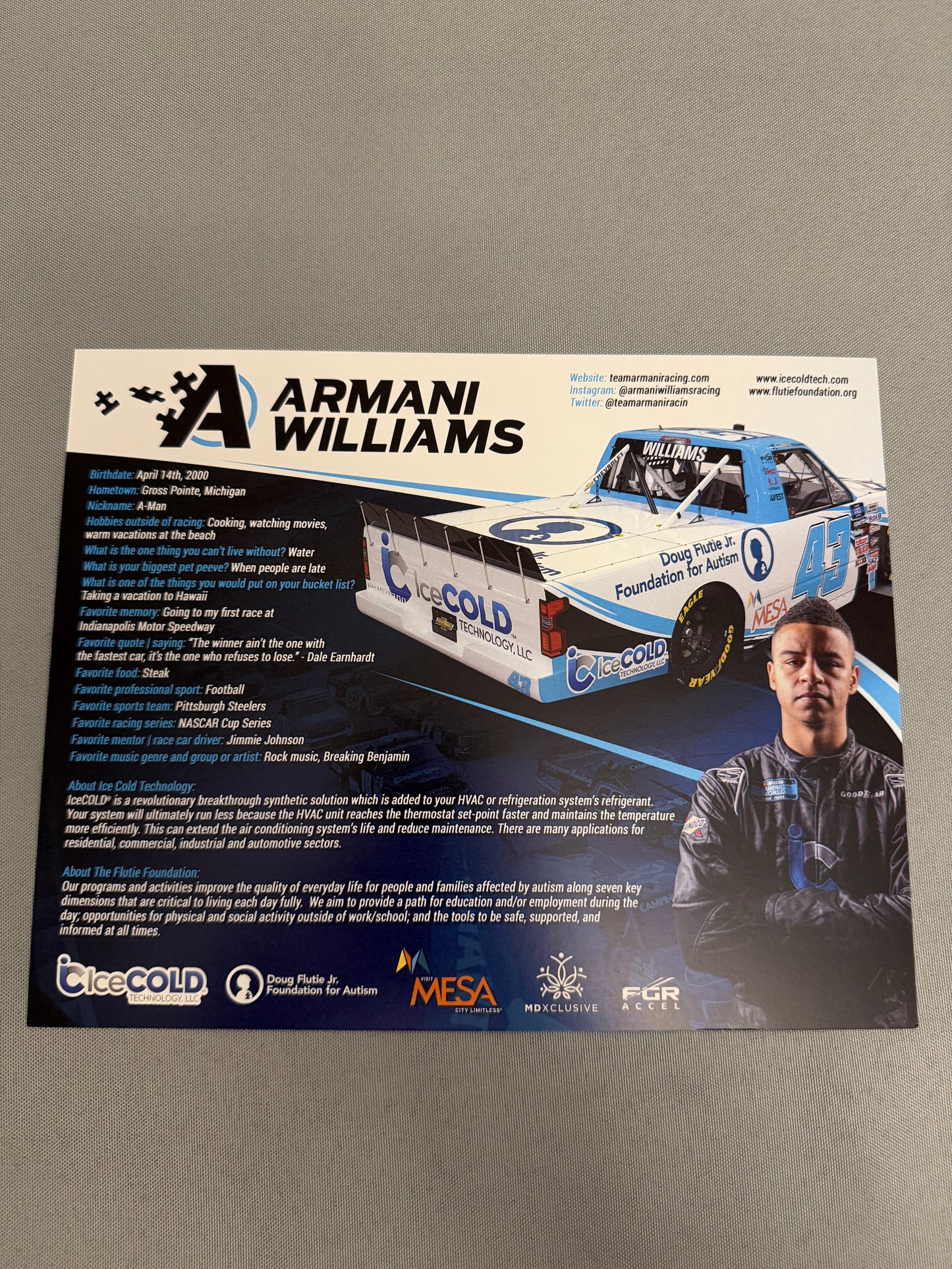 Armani Williams #43 Ice Cold Nascar Hero Card