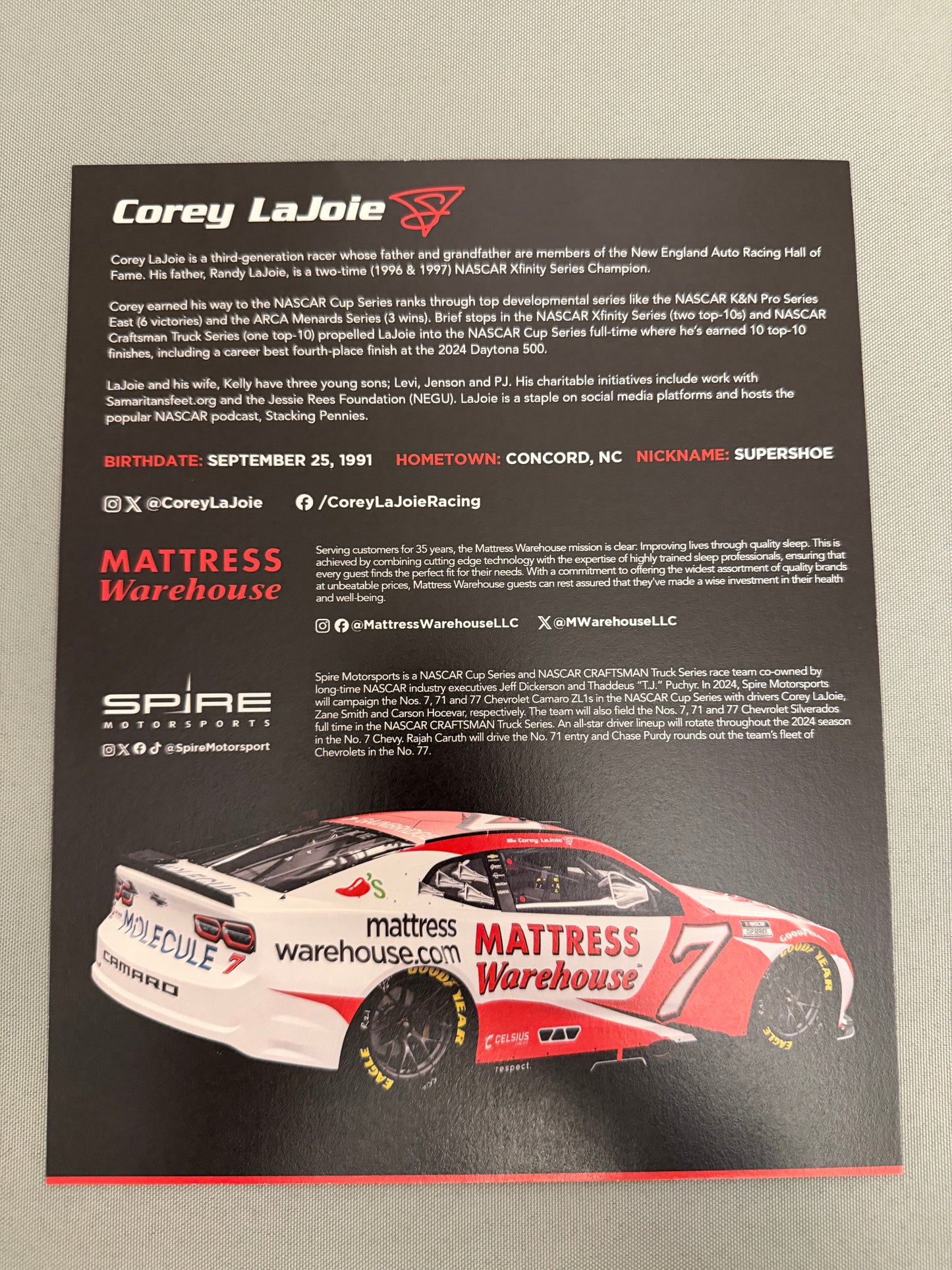 Corey Lajoie #7 2023 Mattress Warehouse Nascar Hero Card