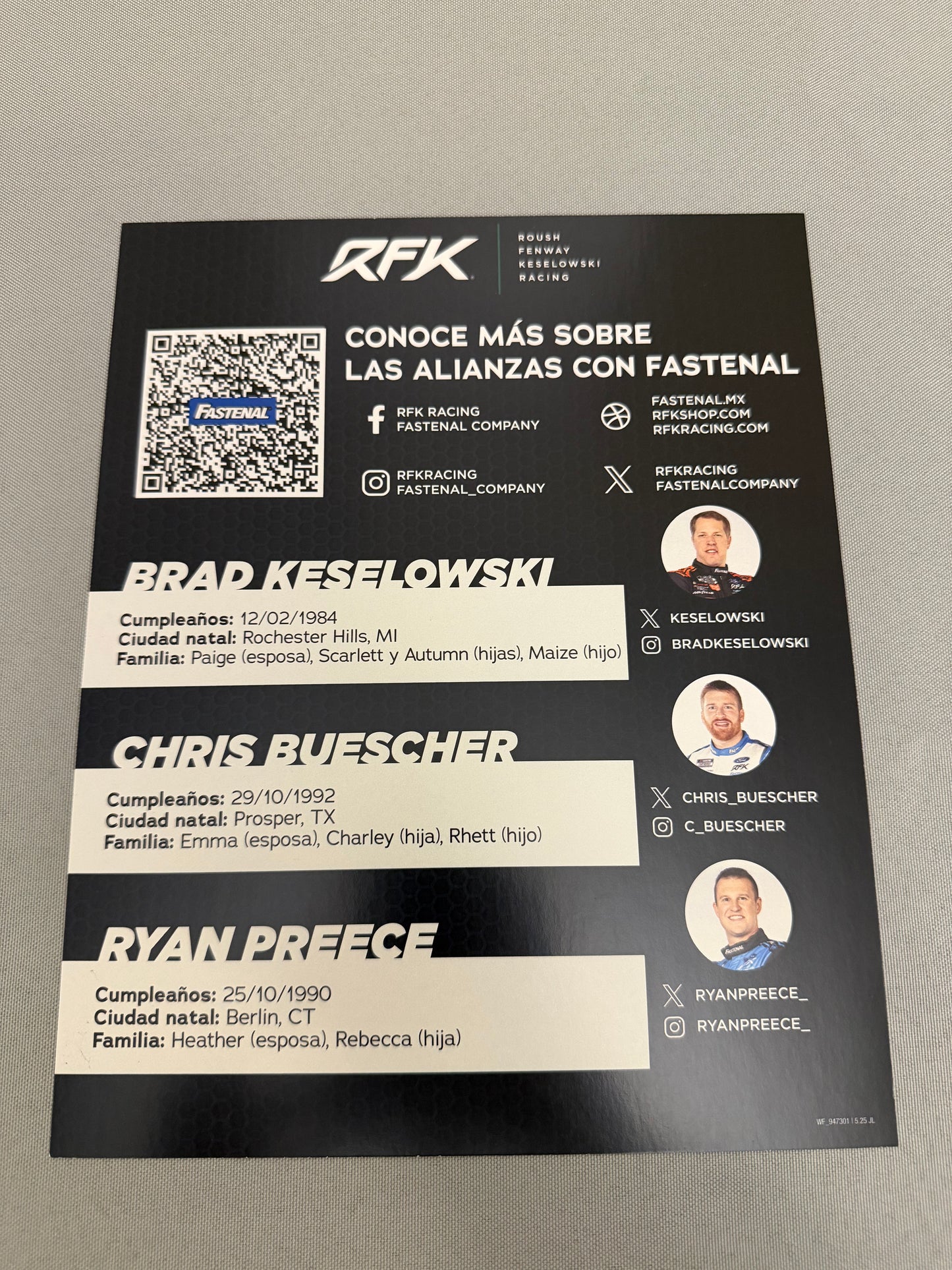 RFK Racing 2025 Fastenal Nascar Hero Card