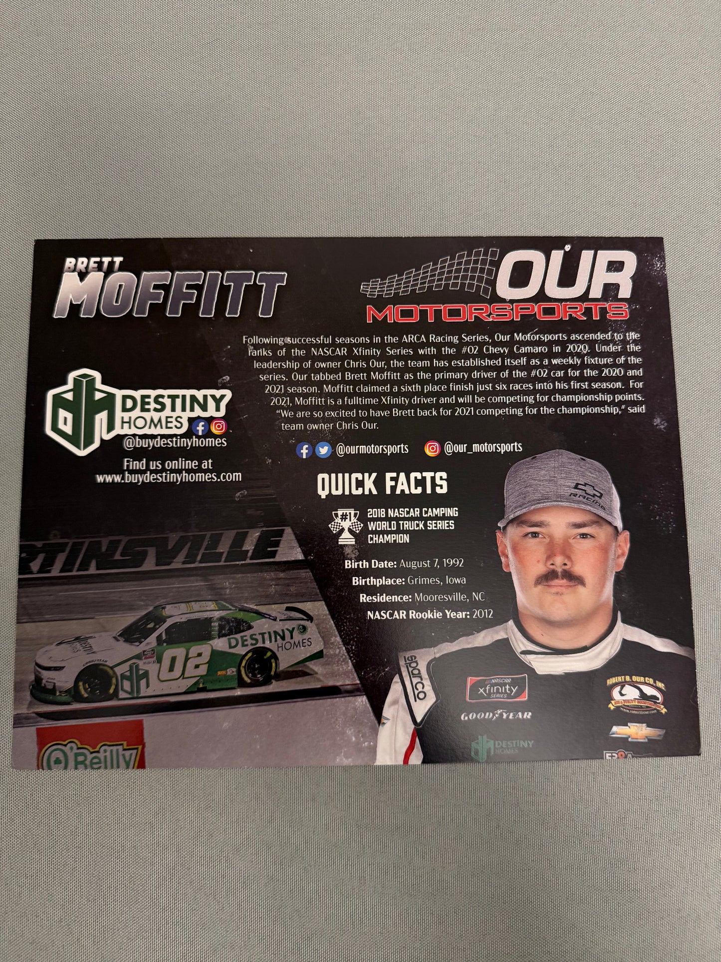 Brett Moffitt #02 2021 Destiny Homes Nascar Hero Card