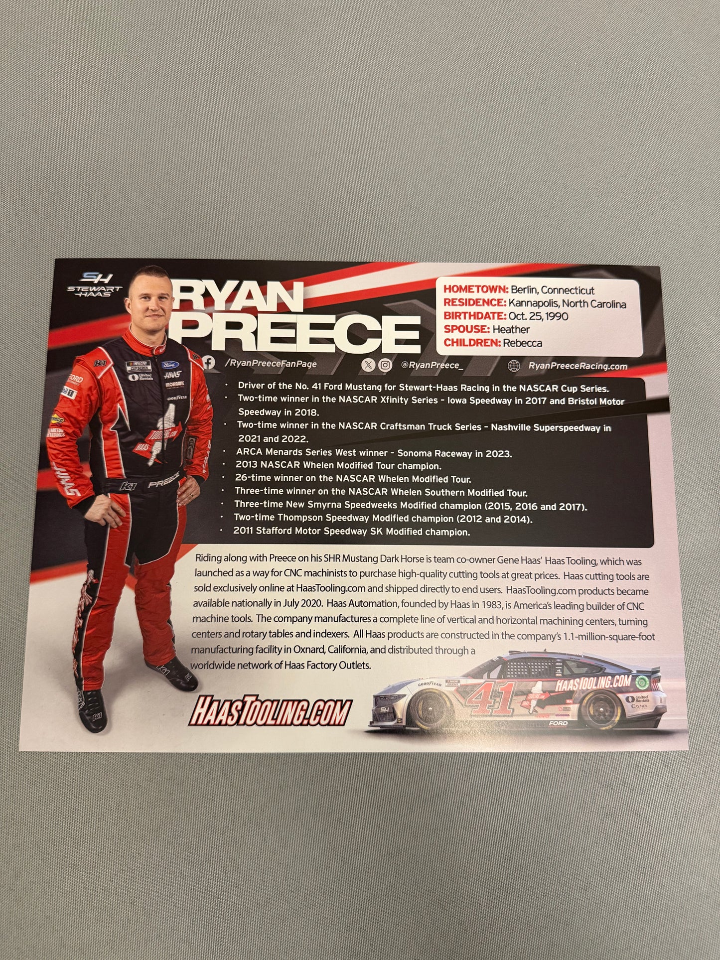 Ryan Preece #41 2024 Haas Tooling Nascar Hero Card