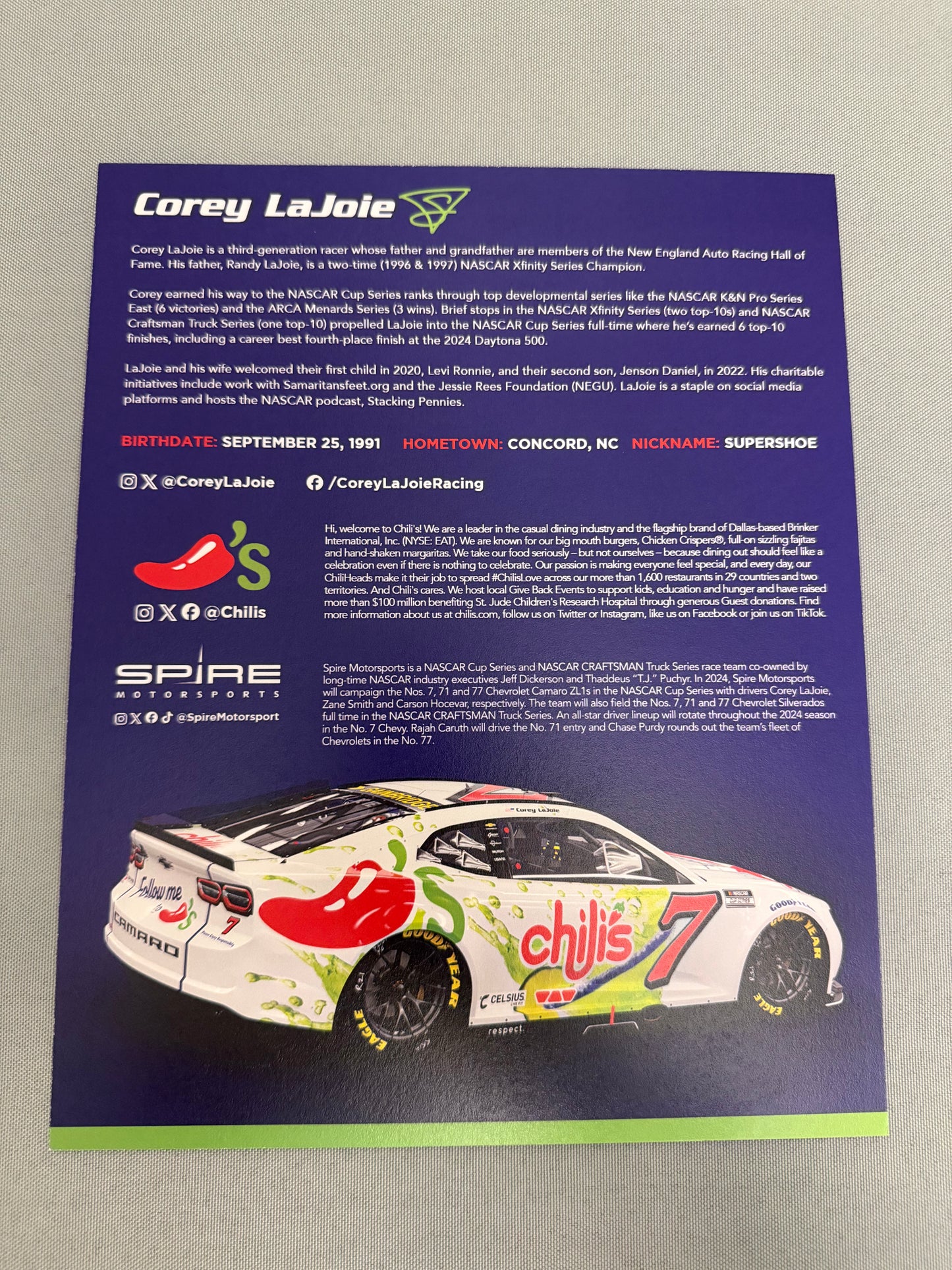 Corey Lajoie #7 2024 Chilis Catch A Rita Nascar Hero Card