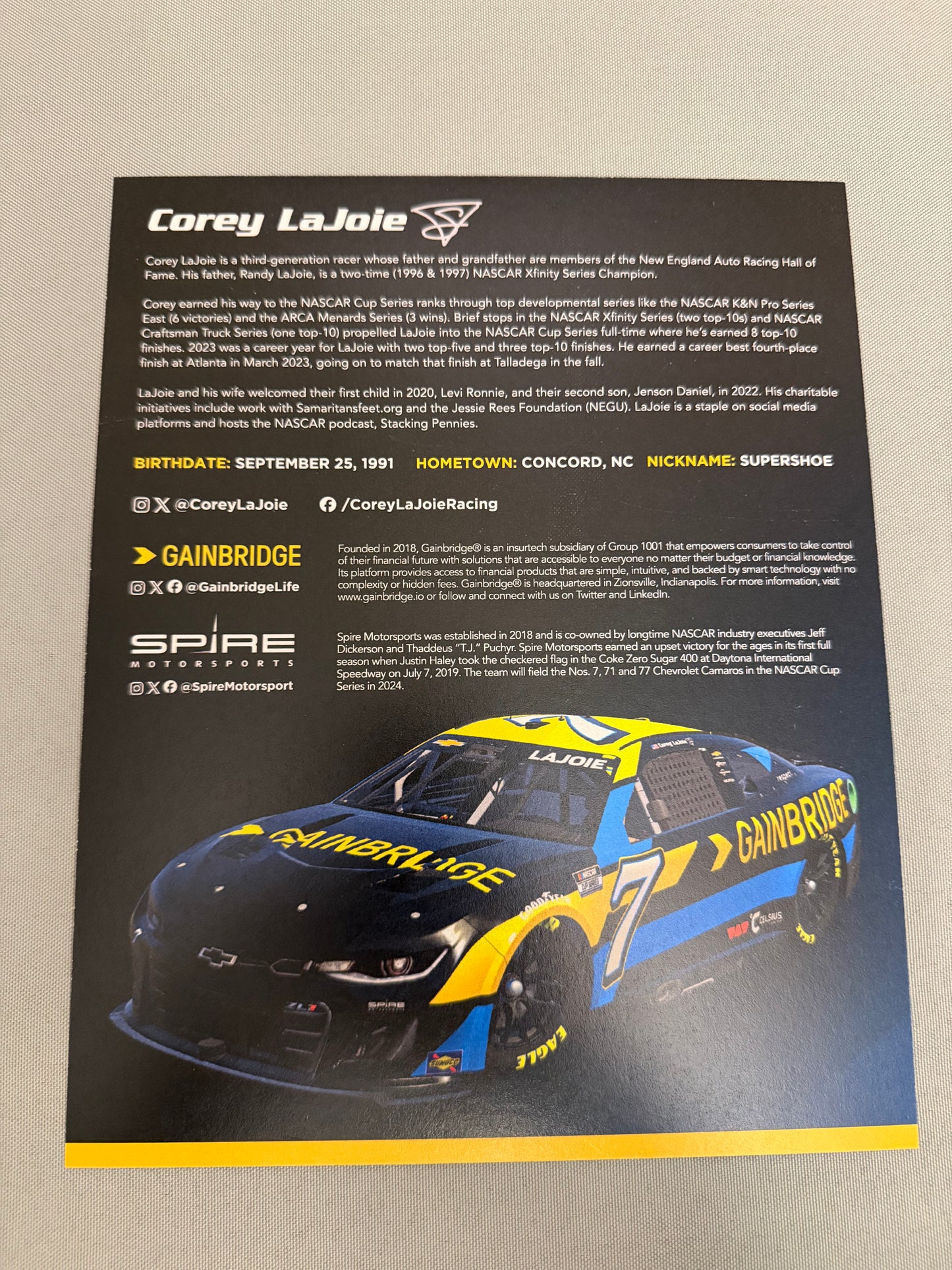 Corey Lajoie #7 2024 Gainbridge Nascar Hero Card