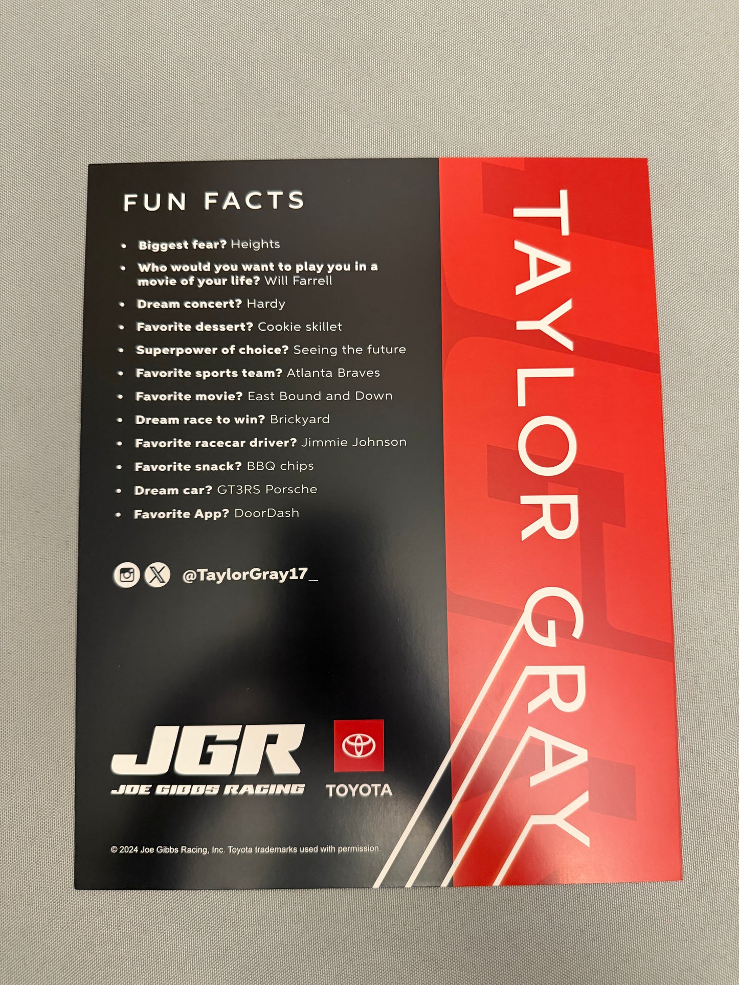 Taylor Gray #19 2024 Joe Gibbs Racing Nascar Hero Card