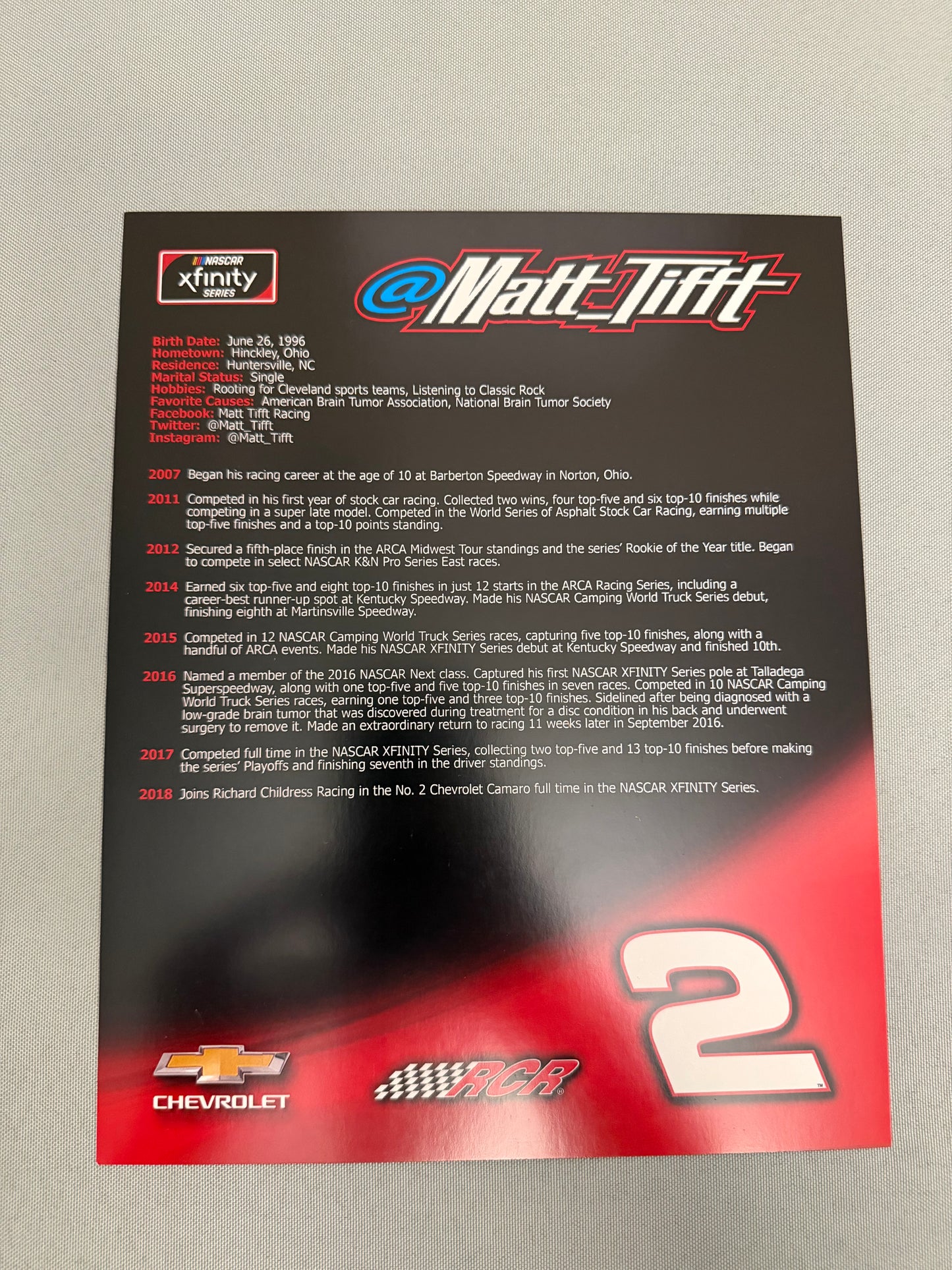 Matt Tifft #2 2018 Richard Childress Racing Nascar Hero Card